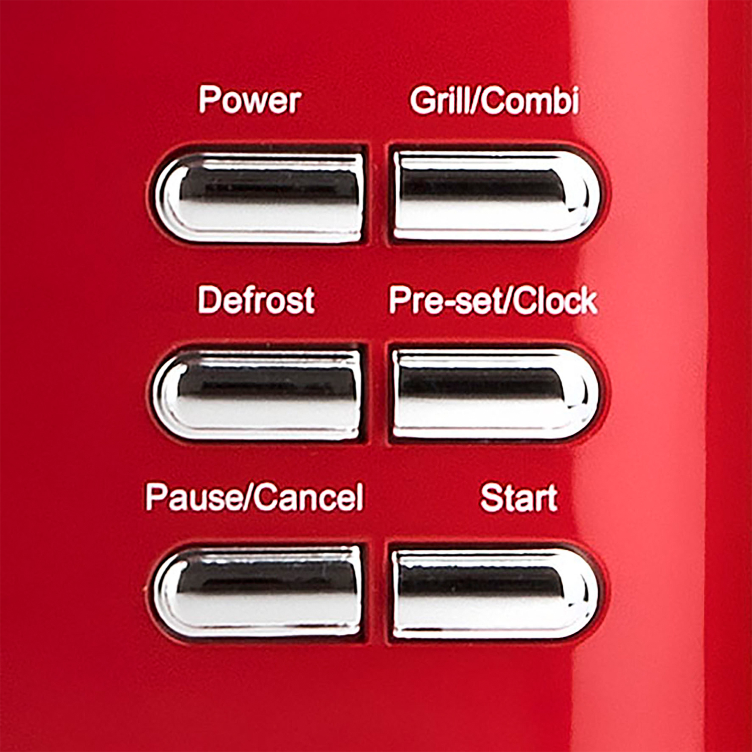 Altı gümüş düğmeli kırmızı yüzey: Power, Grill/Combi, Defrost, Pre-set/Clock, Pause/Cancel, Start.