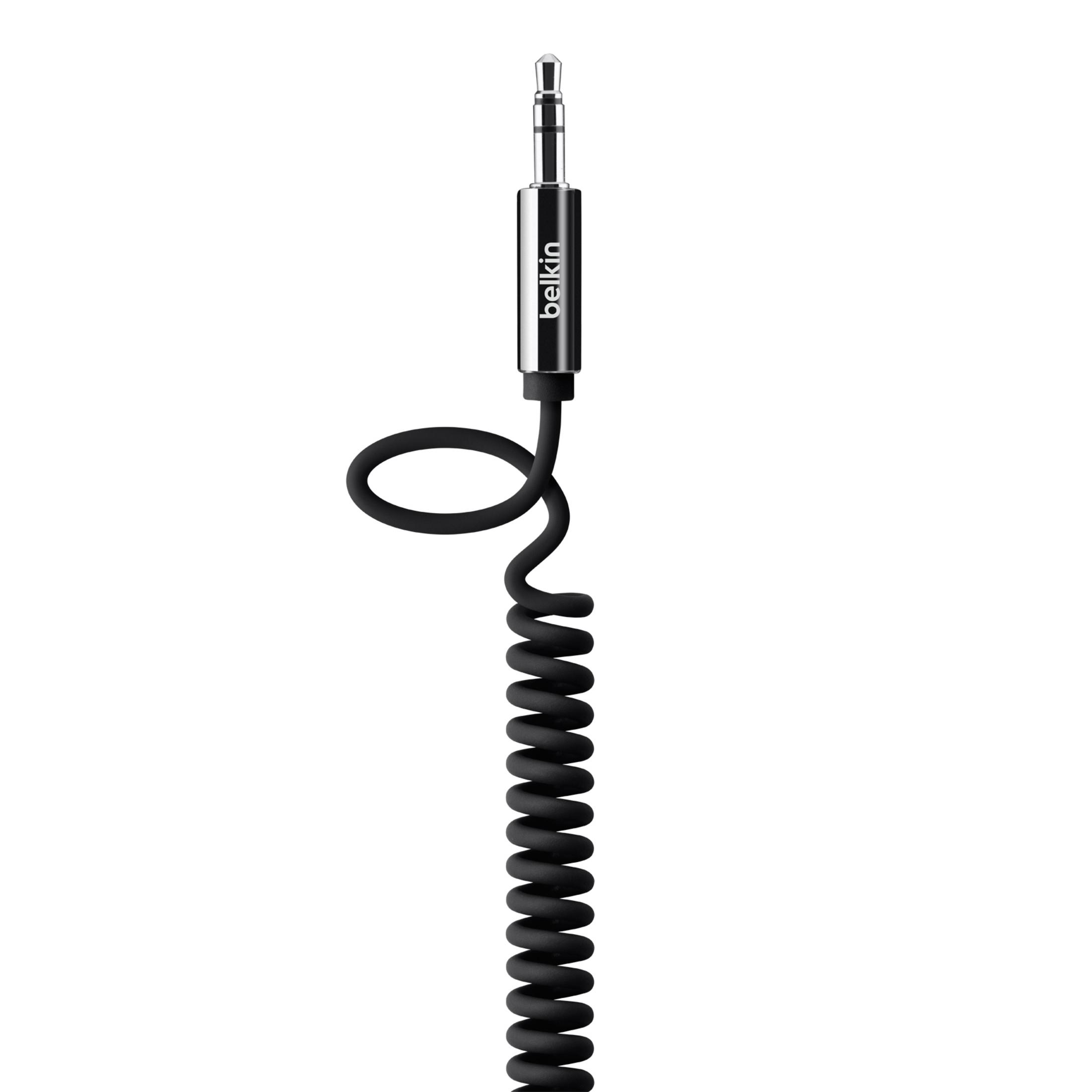Cable negro en espiral con conector Belkin.