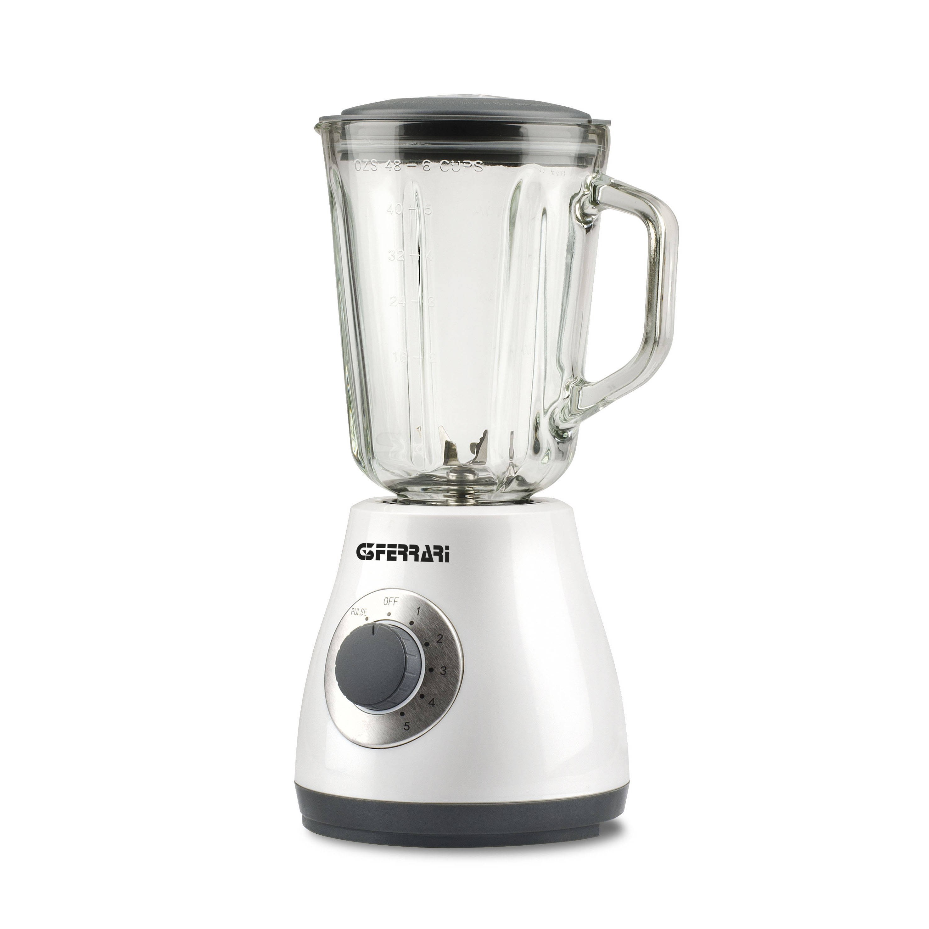 Cam sürahili, siyah kapaklı ve kontrol düğmeli beyaz blender. GFERRARI logosu.