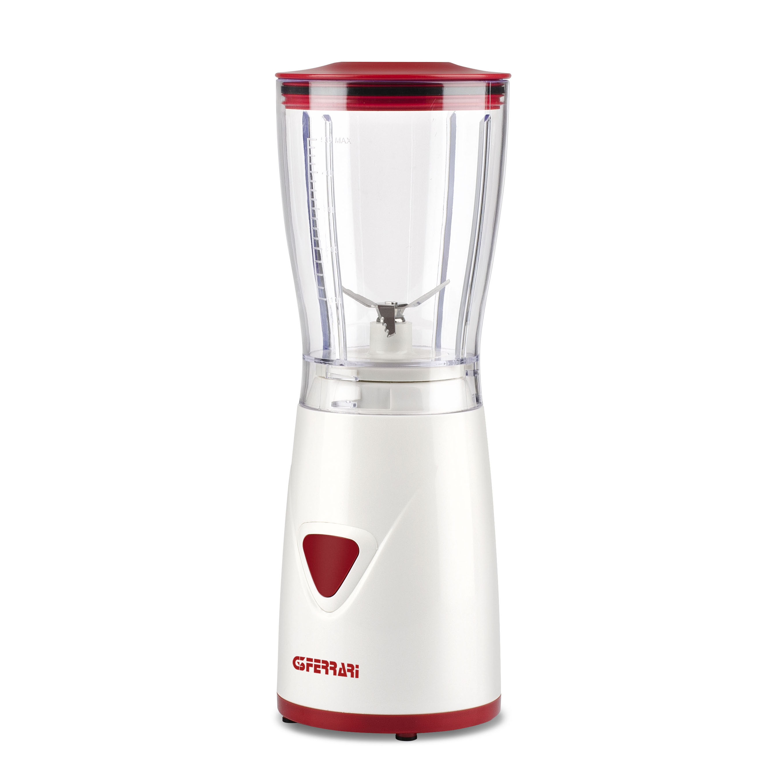 Kırmızı kapaklı ve tabanında kırmızı vurgusu olan beyaz blender.