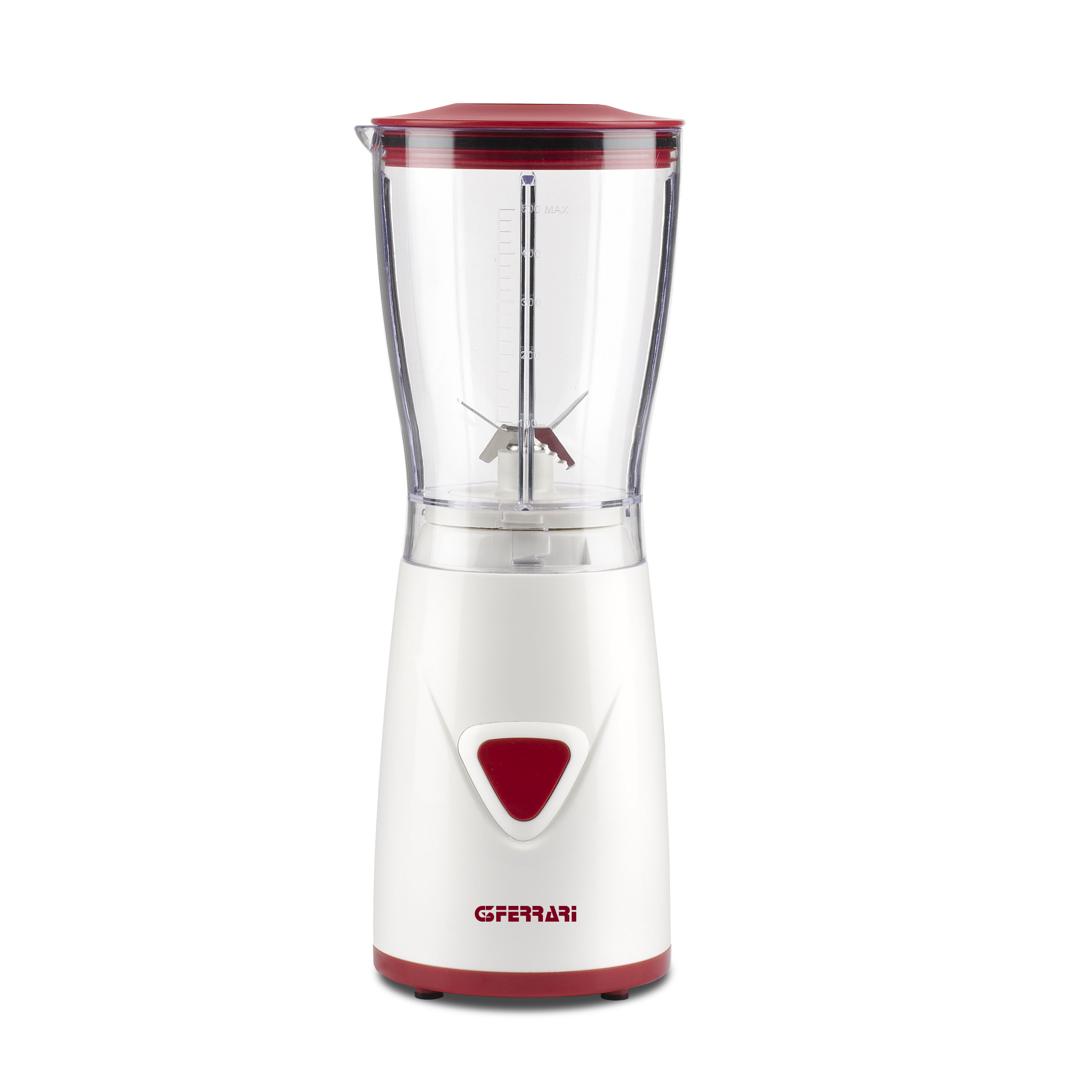 Kırmızı kapaklı ve kırmızı üçgen düğmeli beyaz blender, Ferrari logosu.