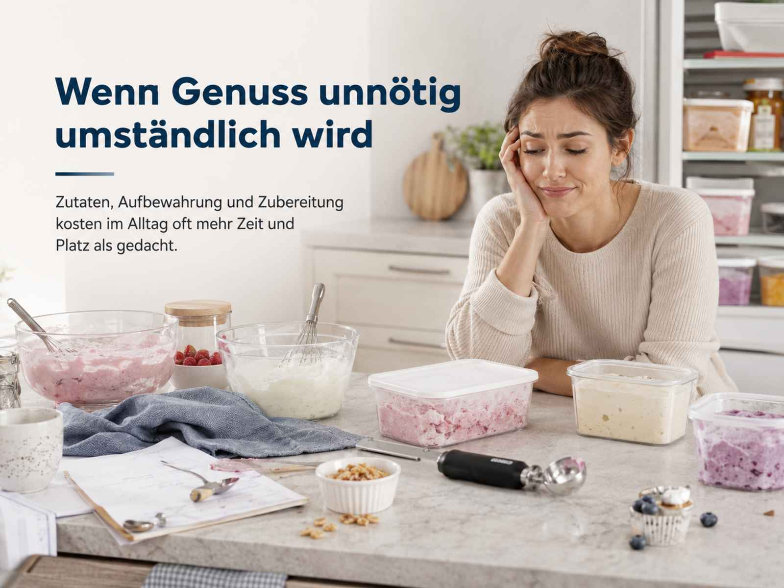 Eine Frau sitzt mit genervtem Gesichtsausdruck am Küchentisch, Eiszubereitung.