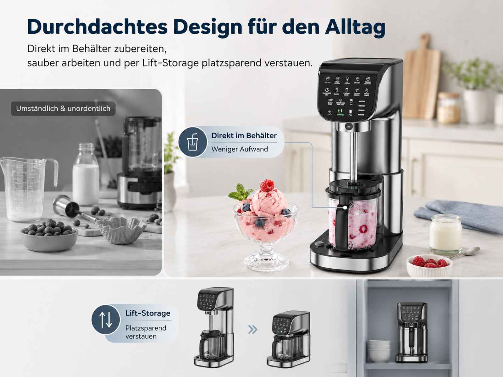 Küchenmaschine mit Eis, Beeren und Milchprodukten. Zeigt Zubereitung und Aufbewahrung.