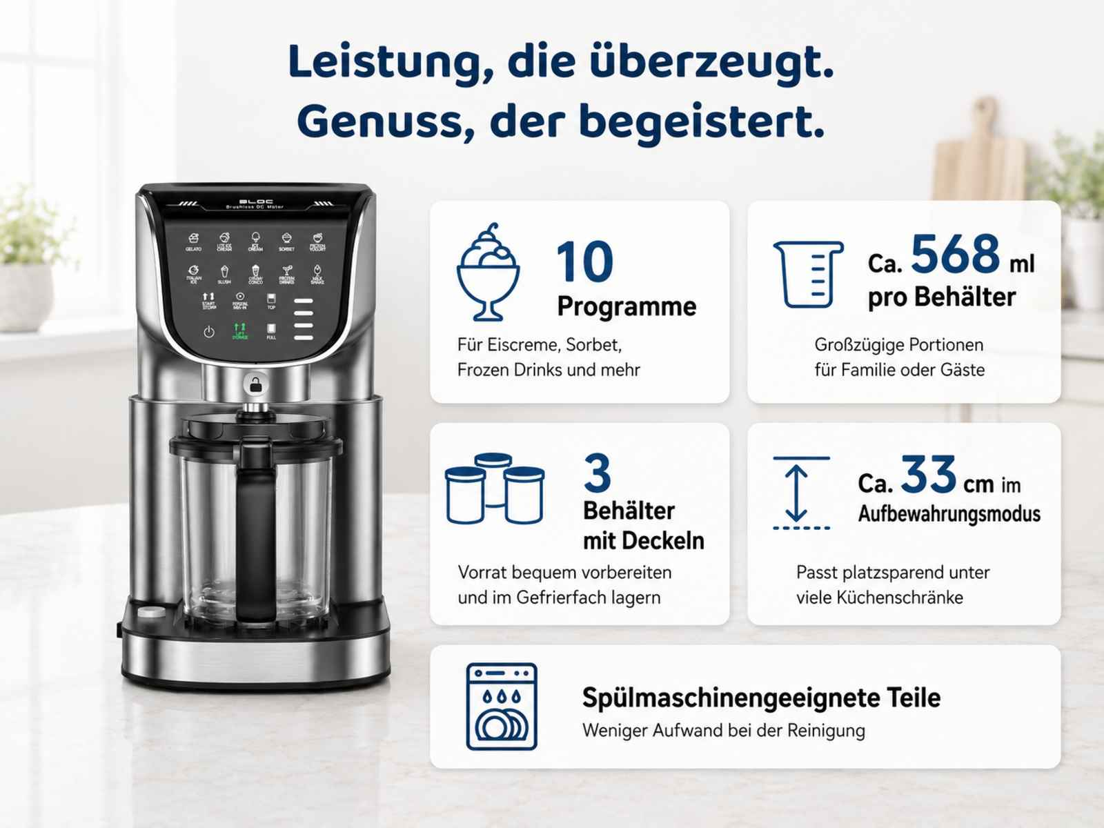 Silberne Eismaschine mit 10 Programmen, 568 ml Kapazität und 3 Behältern.