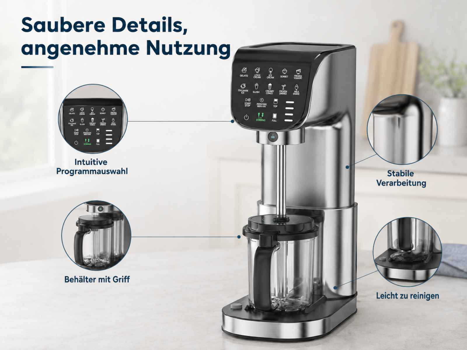 Ein silberner Smoothie-Maker mit vielen Knöpfen und einem Glasbehälter.