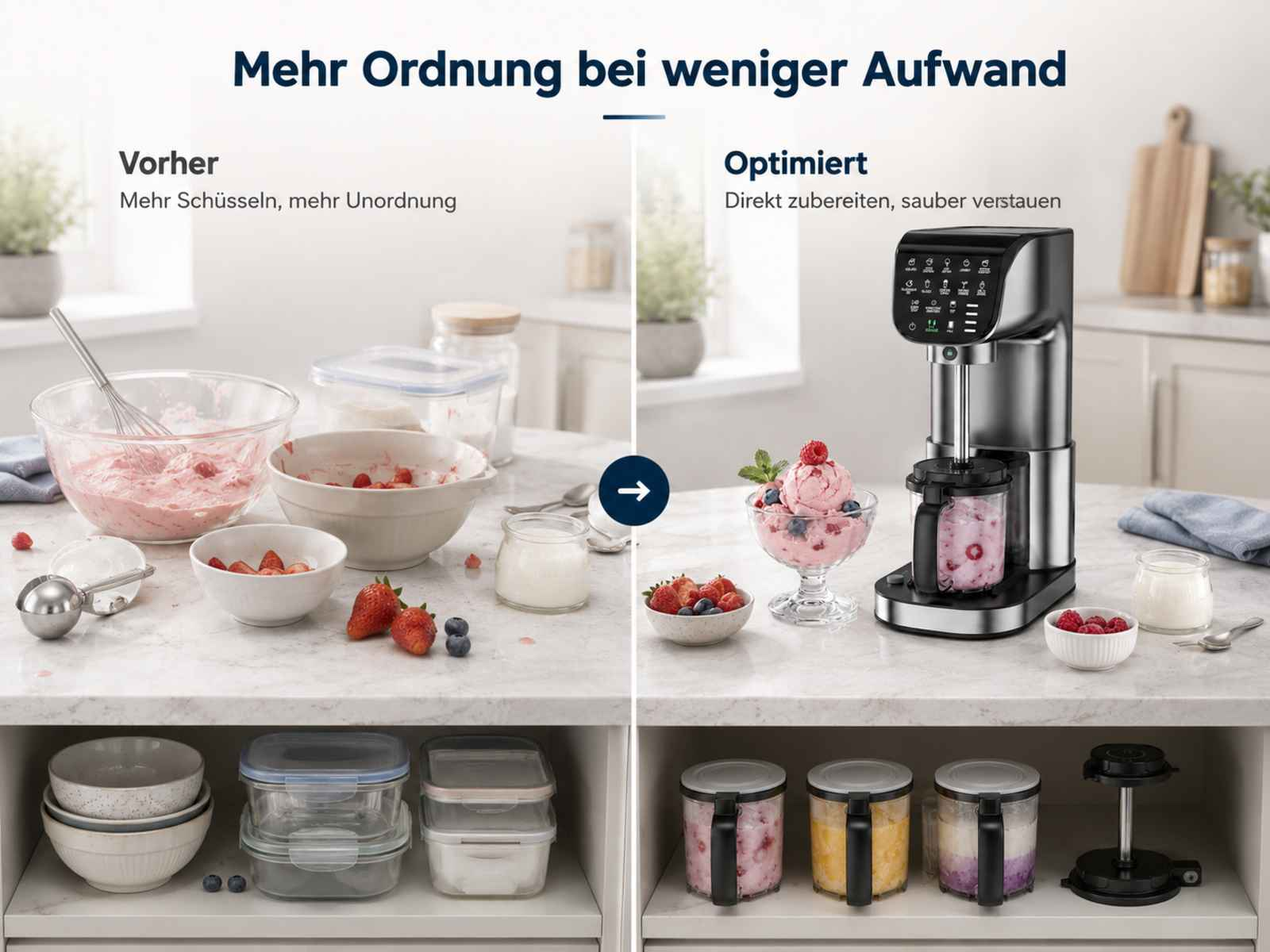 Vorher: Unordnung mit Schüsseln. Nachher: Eisbereiter mit fertigem Eis und Zutaten.