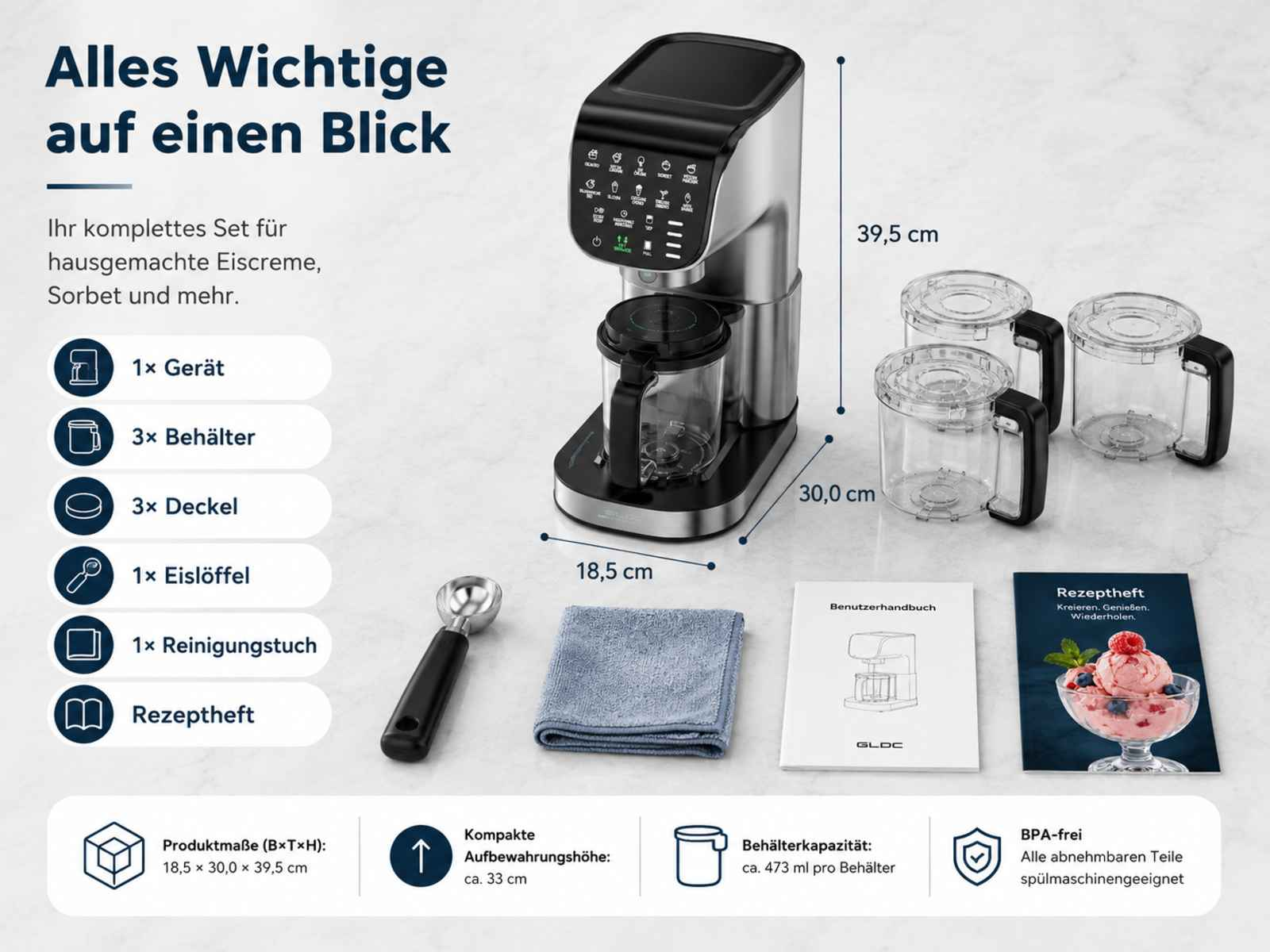 Eismaschine mit Zubehör: Gerät, 3 Behälter, 3 Deckel, Löffel, Tuch, Handbuch, Rezeptheft.