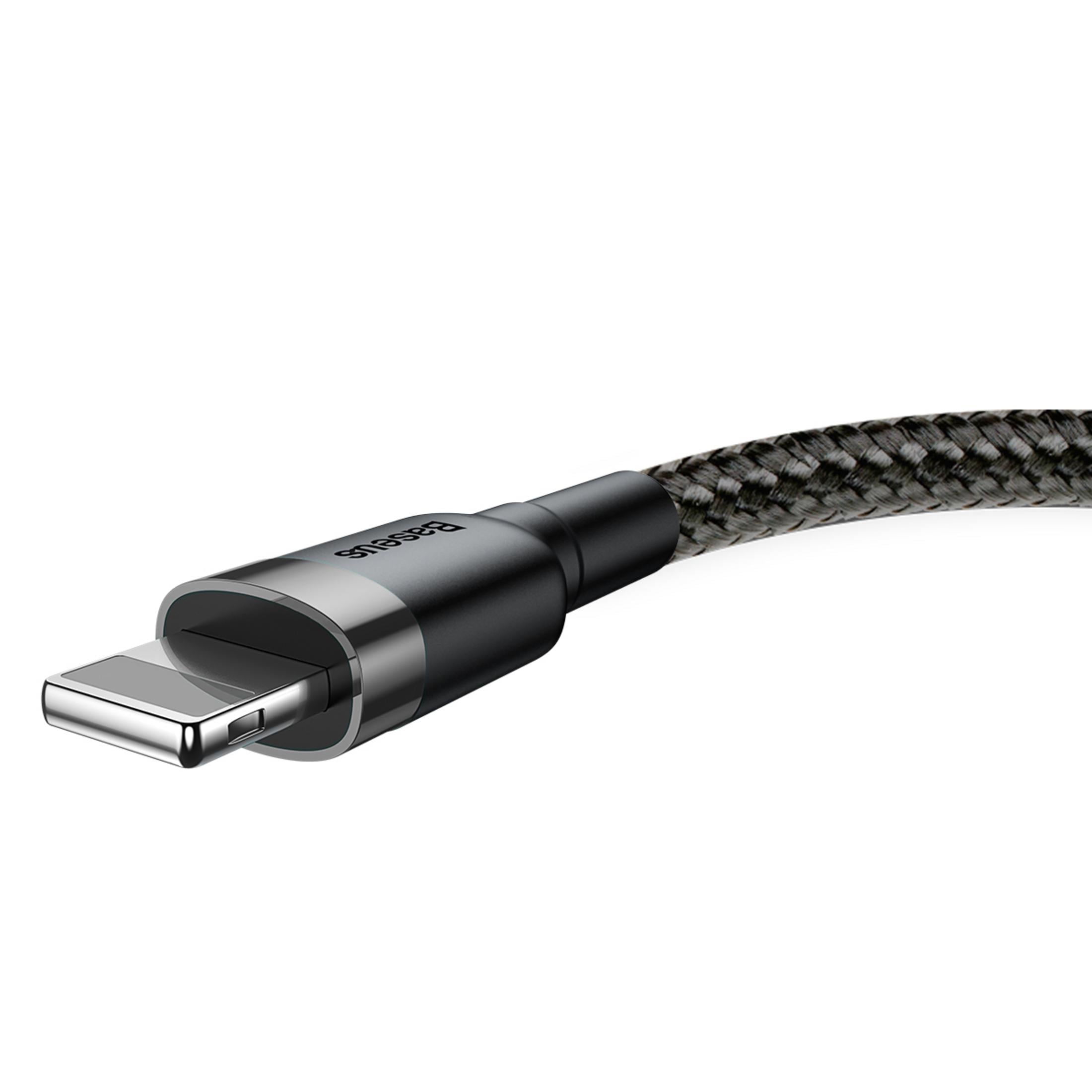 Un connettore Lightning argentato con cavo intrecciato grigio.
