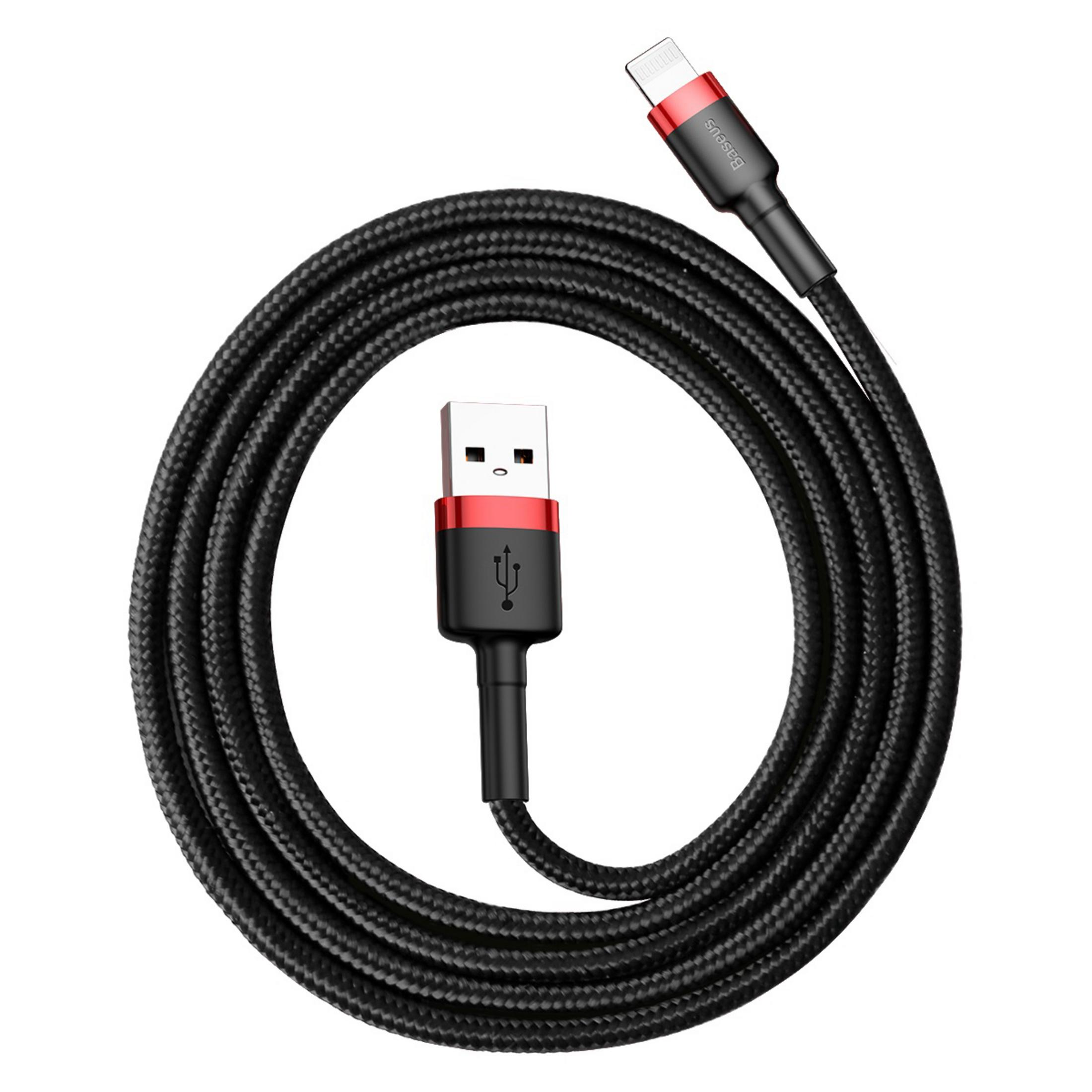 Cavo USB-A a Lightning intrecciato nero arrotolato, con accenti rossi sui connettori.