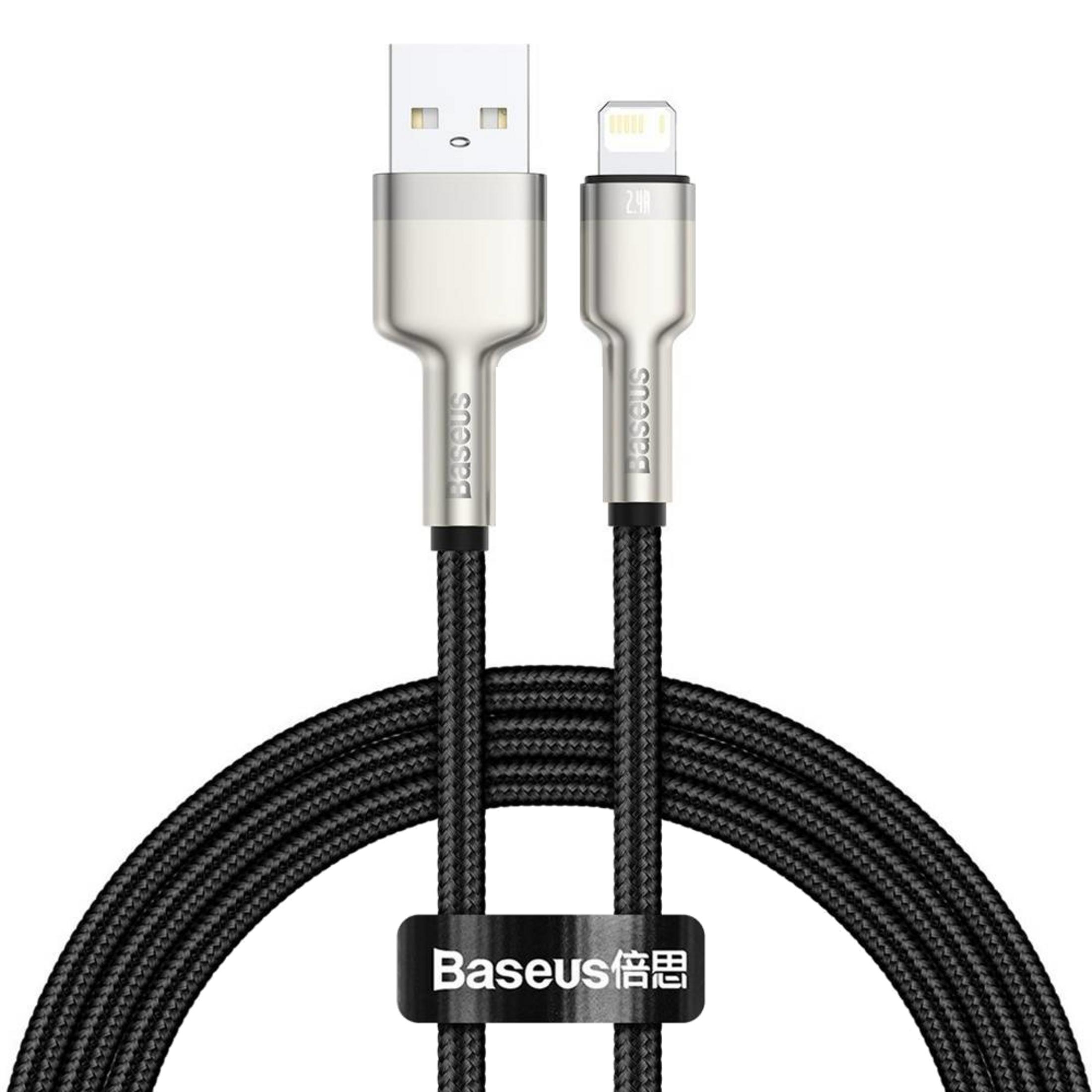 Un cavo di ricarica nero con connettori USB-A e Lightning, arrotolato.