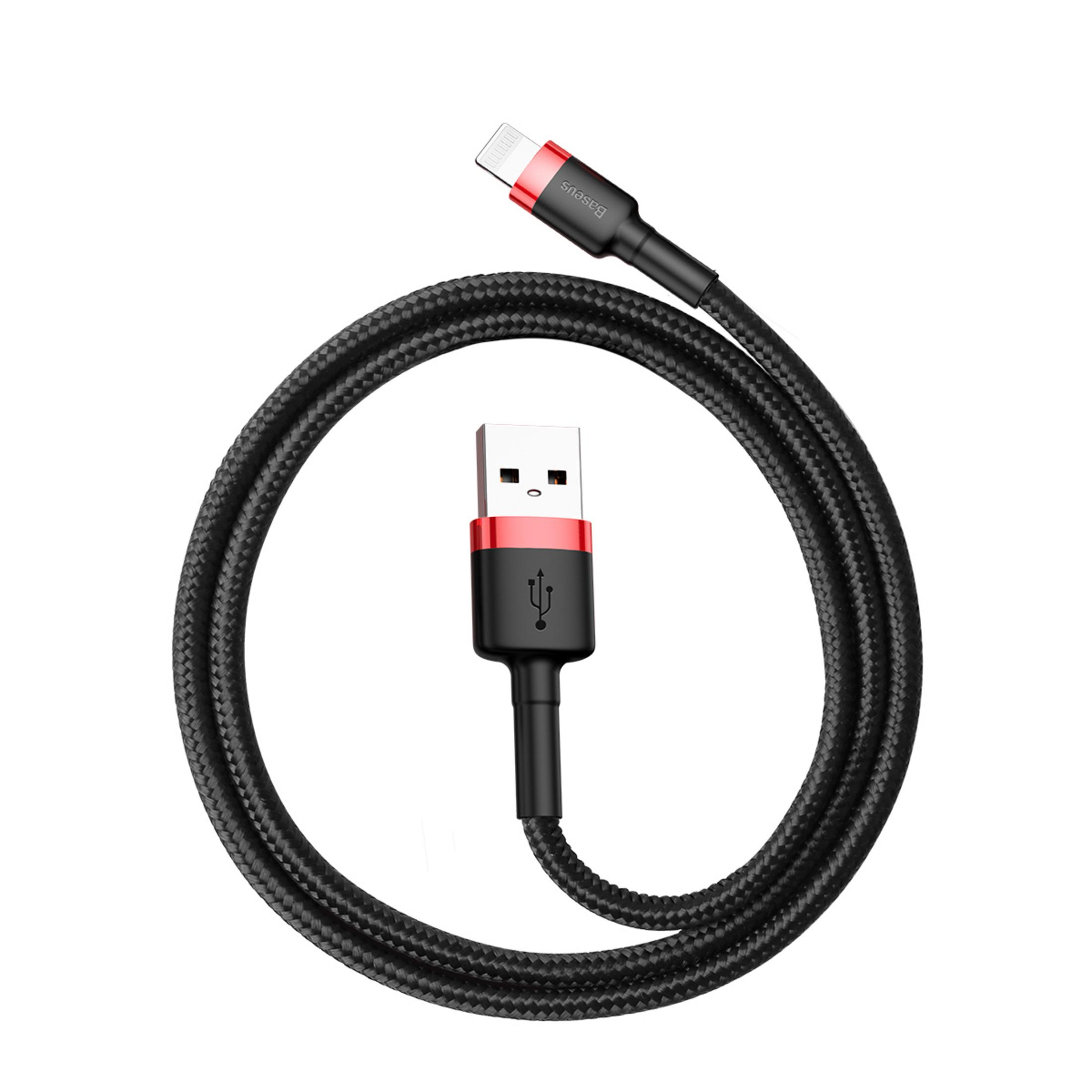 Un cavo di ricarica nero con accenti rossi, da USB-A a connettore Lightning.