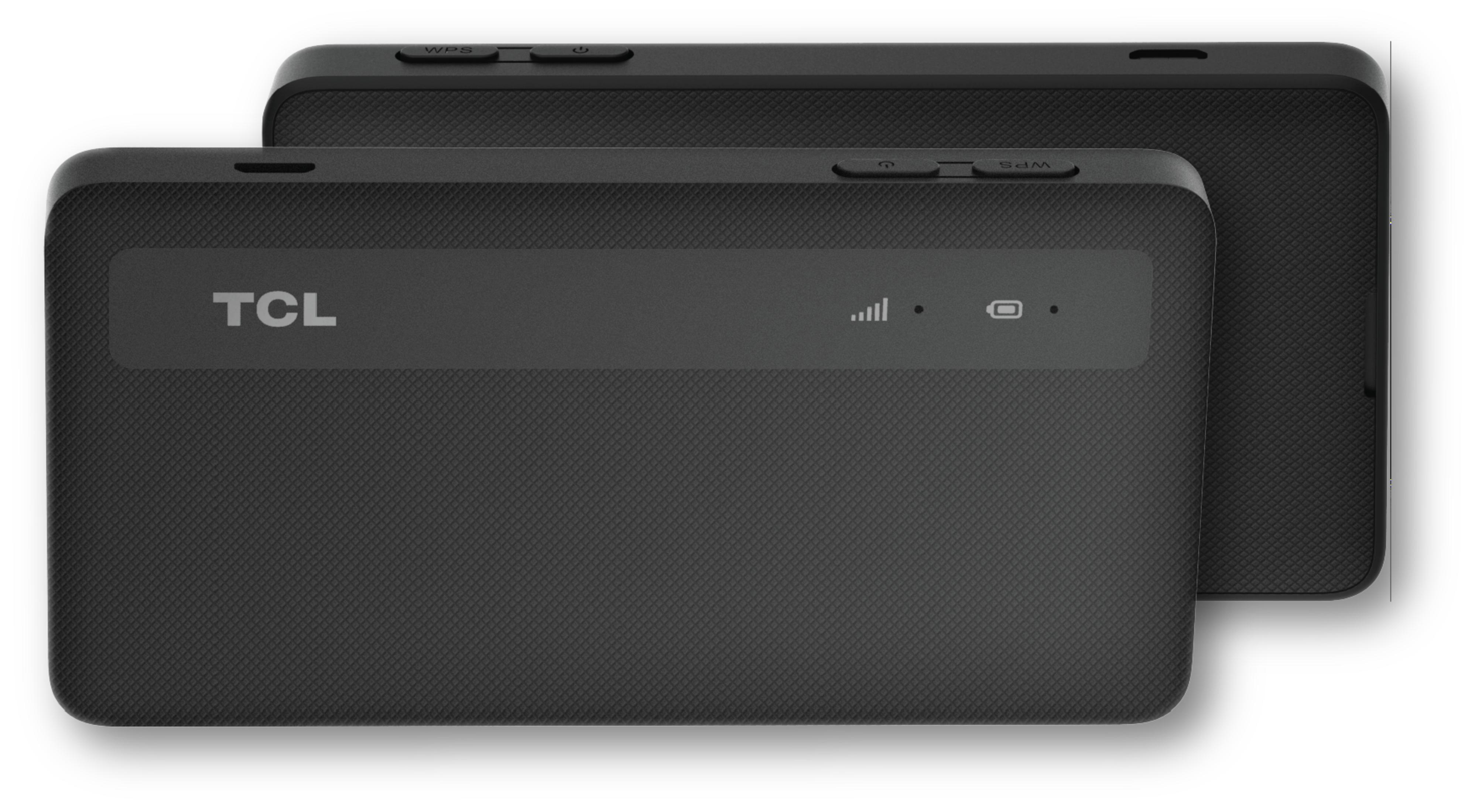 Yanda "TCL" logolu iki siyah TCL mobil hotspot yan yana.
