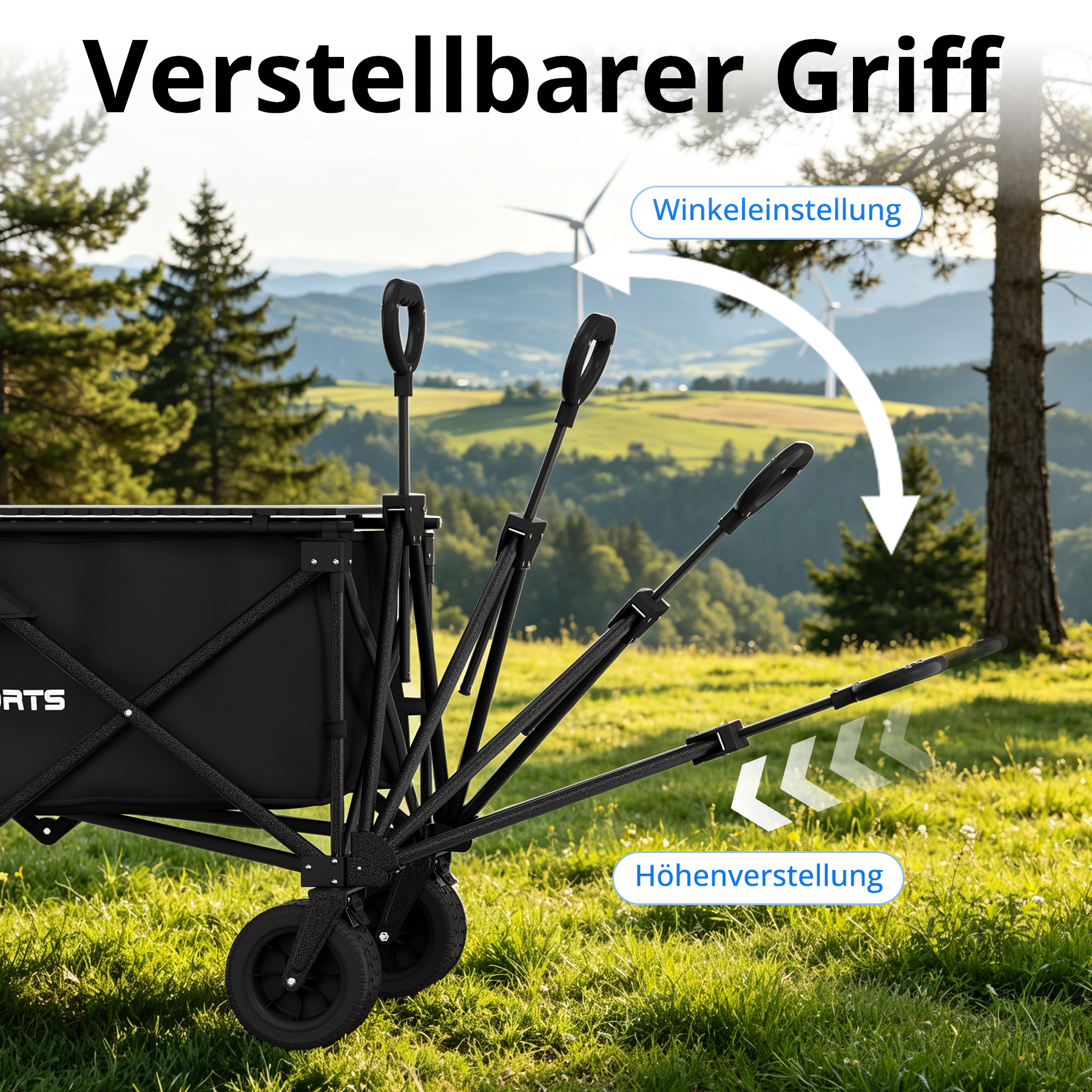 Schwarzer Bollerwagen mit verstellbarem Griff im Freien mit Landschaft im Hintergrund.