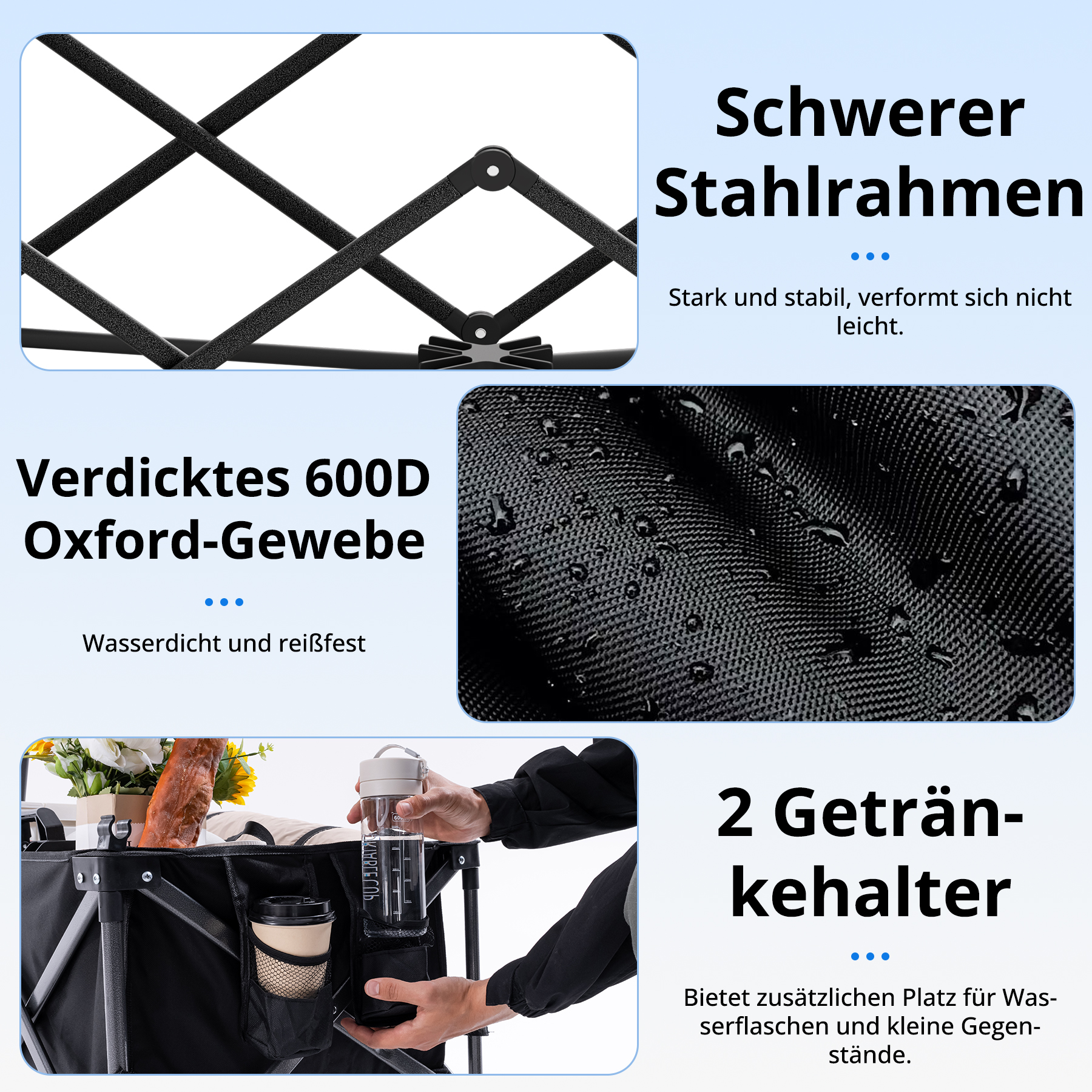 Schwerer Stahlrahmen, verdicktes 600D Oxford-Gewebe, 2 Getränkehalter.