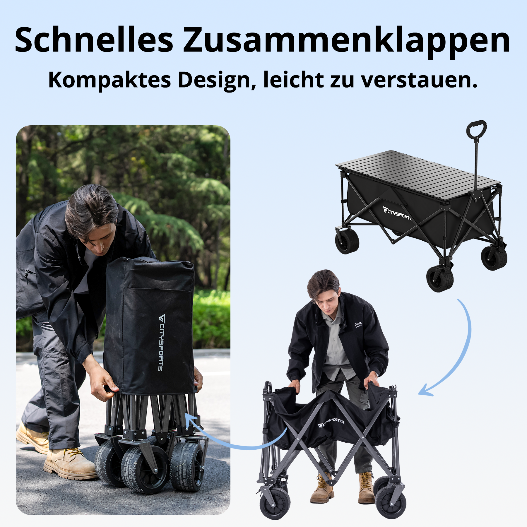 Zwei Männer falten einen schwarzen Outdoor-Wagen mit Holzplatte.
