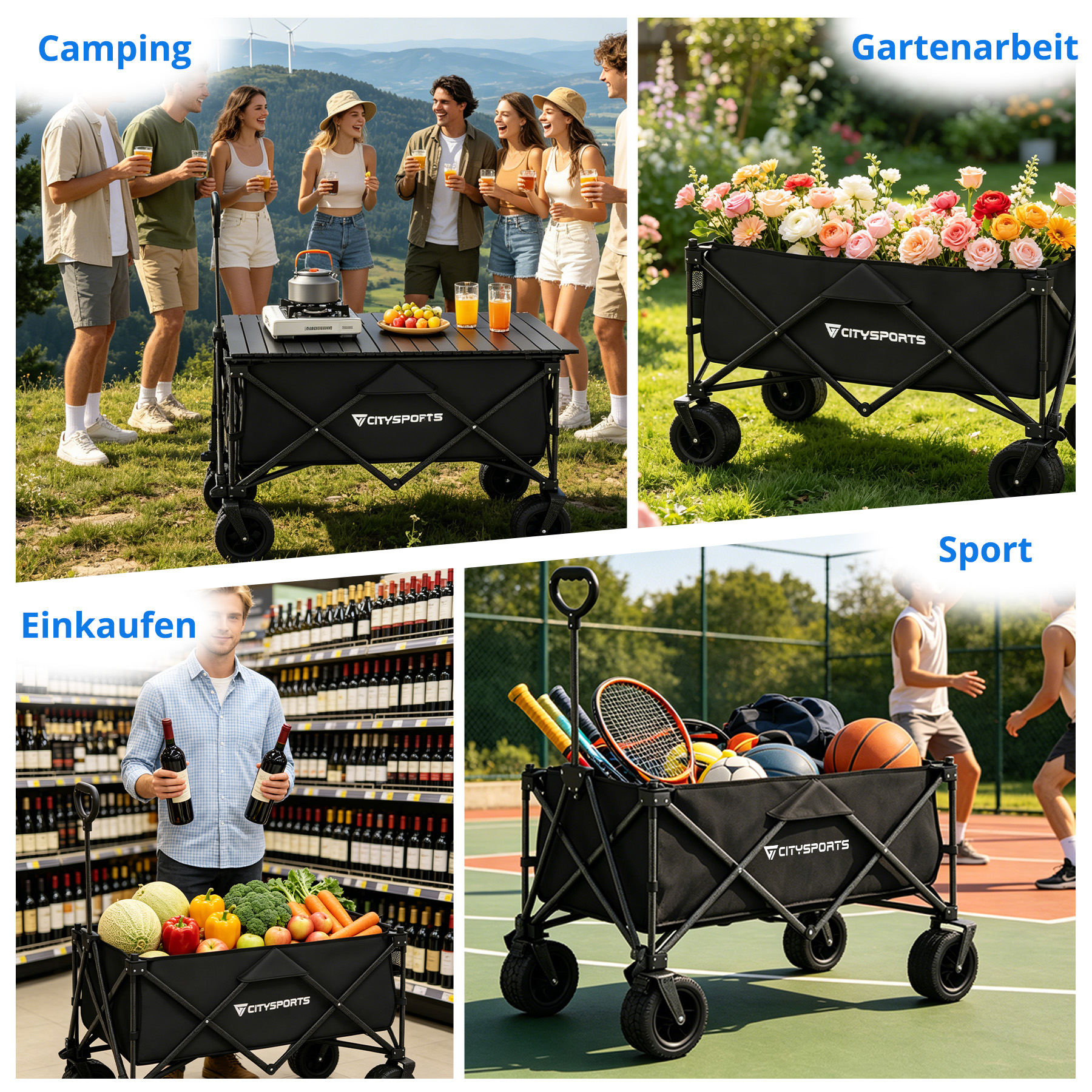 Vier Collagen zeigen einen Bollerwagen in verschiedenen Szenarien: Camping, Gartenarbeit, Einkaufen, Sport.