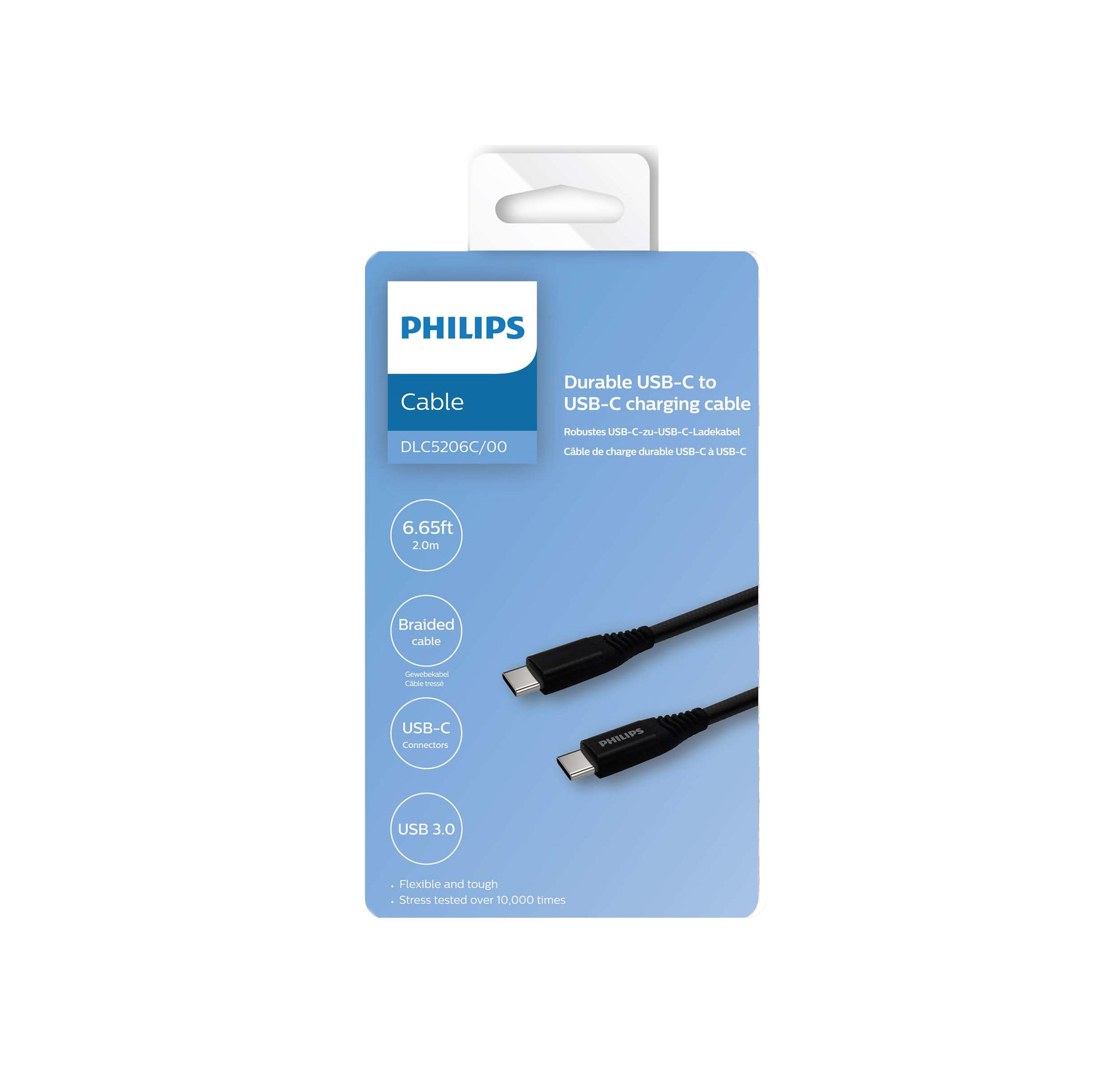 Cavo di ricarica Philips USB-C a USB-C, 2m, intrecciato, durevole e flessibile.