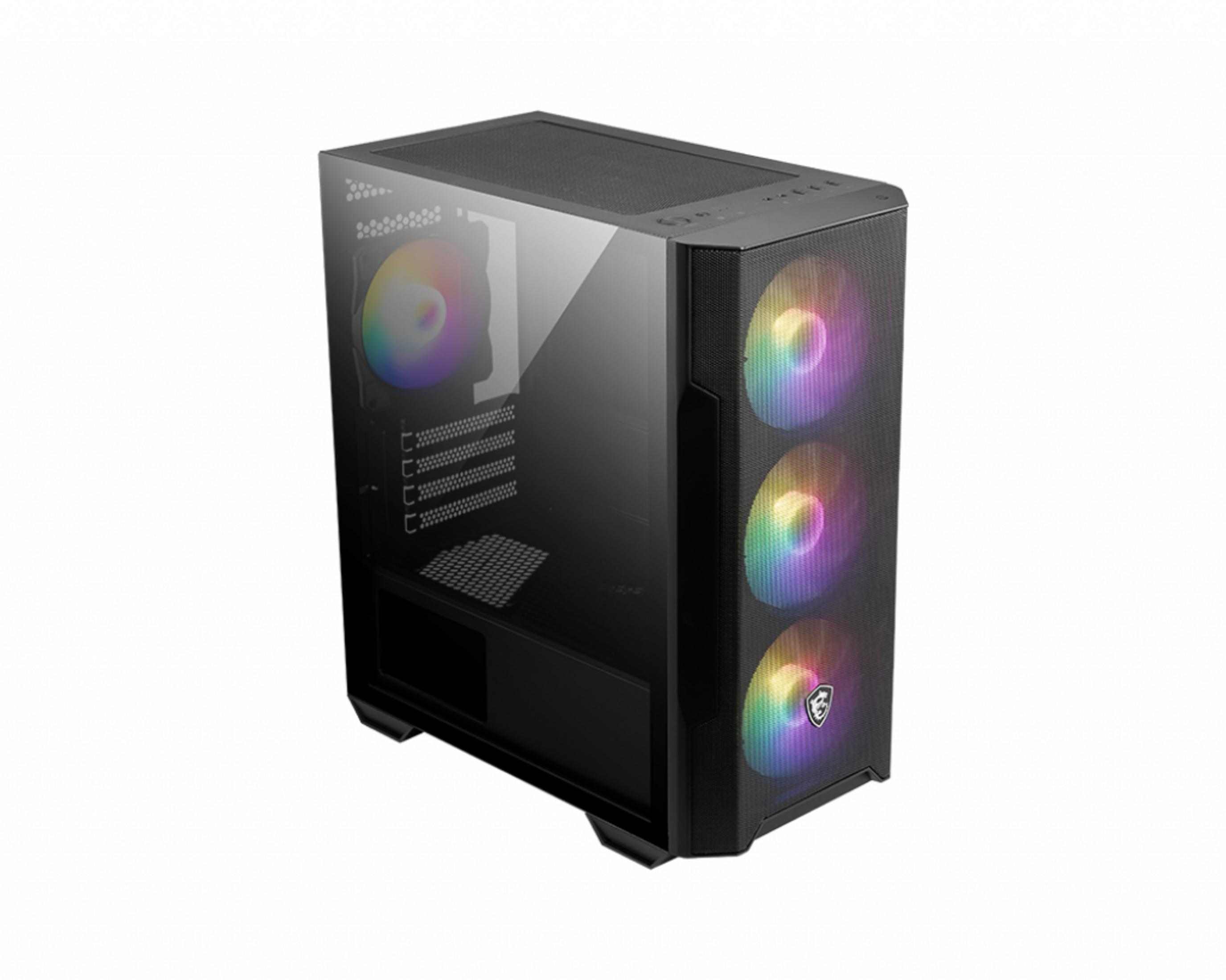 Case PC nero con pannello in vetro e ventole RGB.