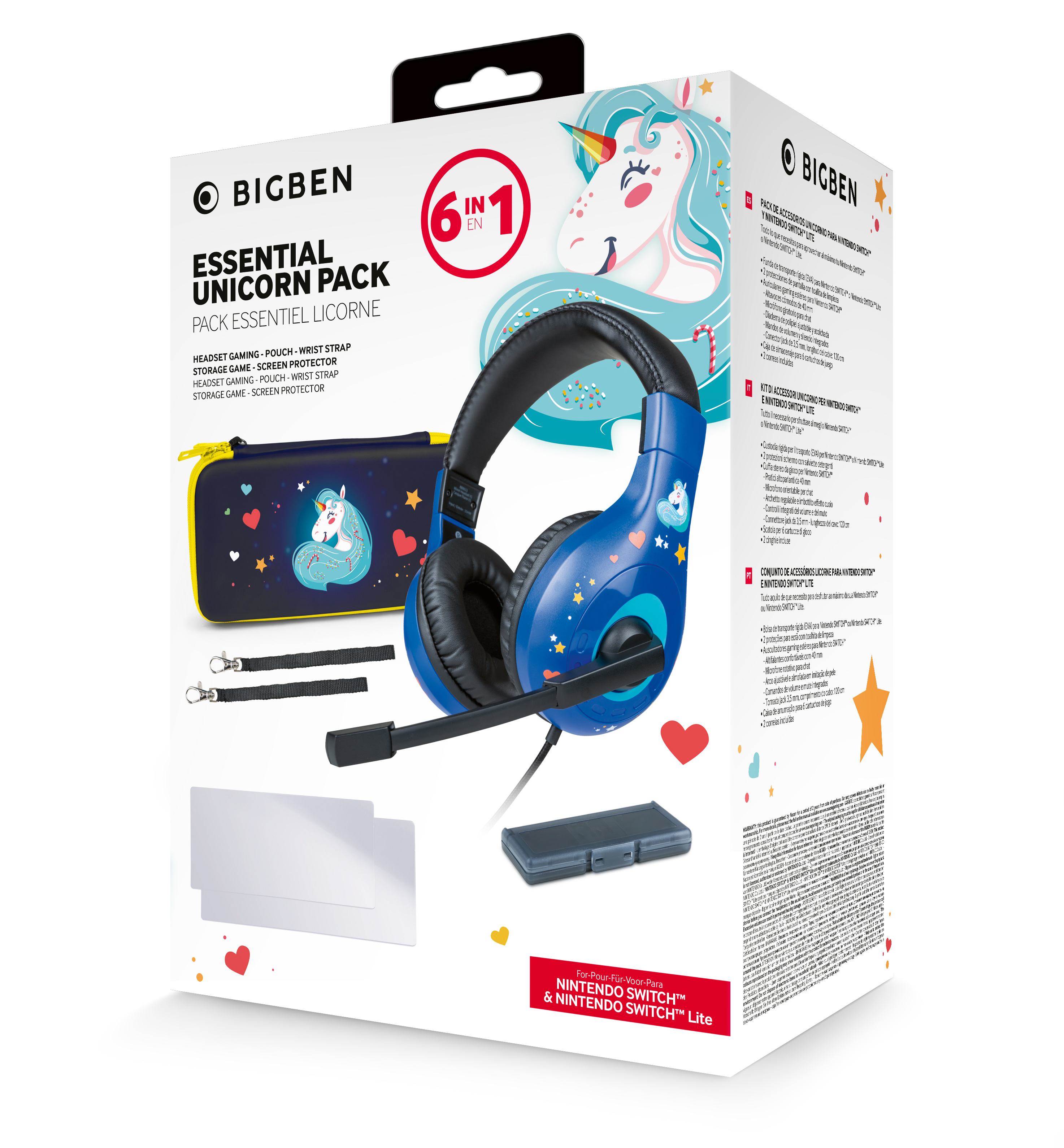 Nintendo Switch Unicorn Accessoires-Set mit Kopfhörern, Tasche und Schutz.