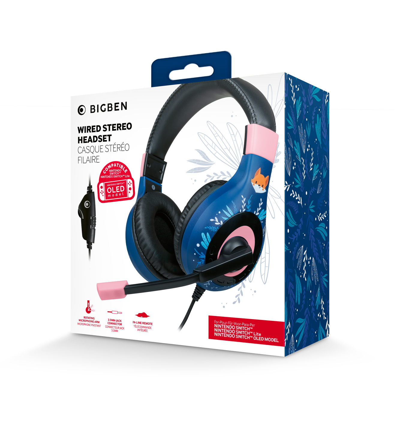 Blaue Bigben-Kopfhörer mit Fuchs- und Blumenmuster für Nintendo Switch.