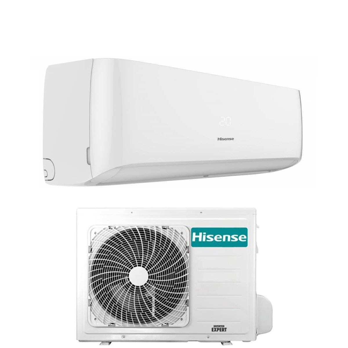 Un condizionatore Hisense bianco, con unità interna che mostra 20 e unità esterna con ventola.