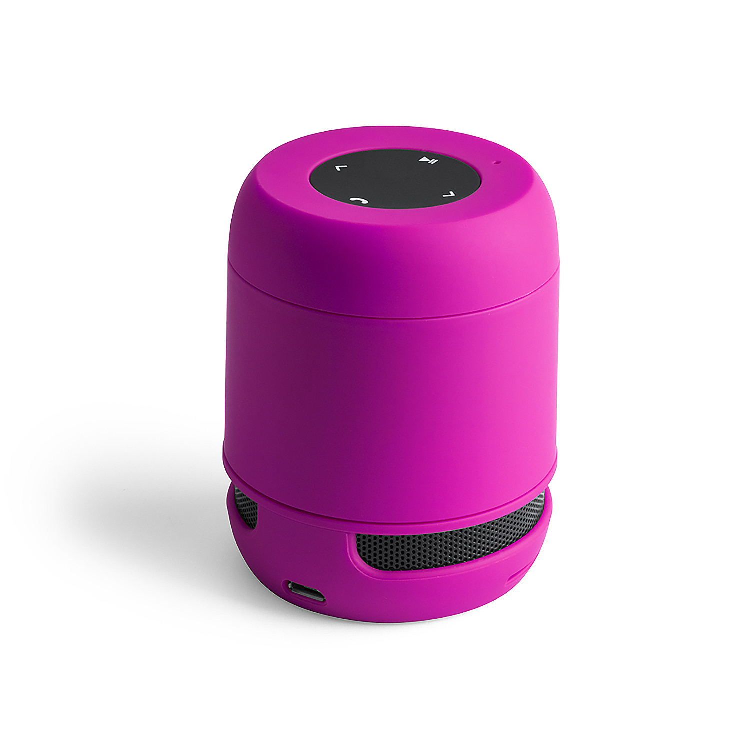 Un piccolo altoparlante Bluetooth rotondo e rosa con pulsanti di controllo neri in cima.