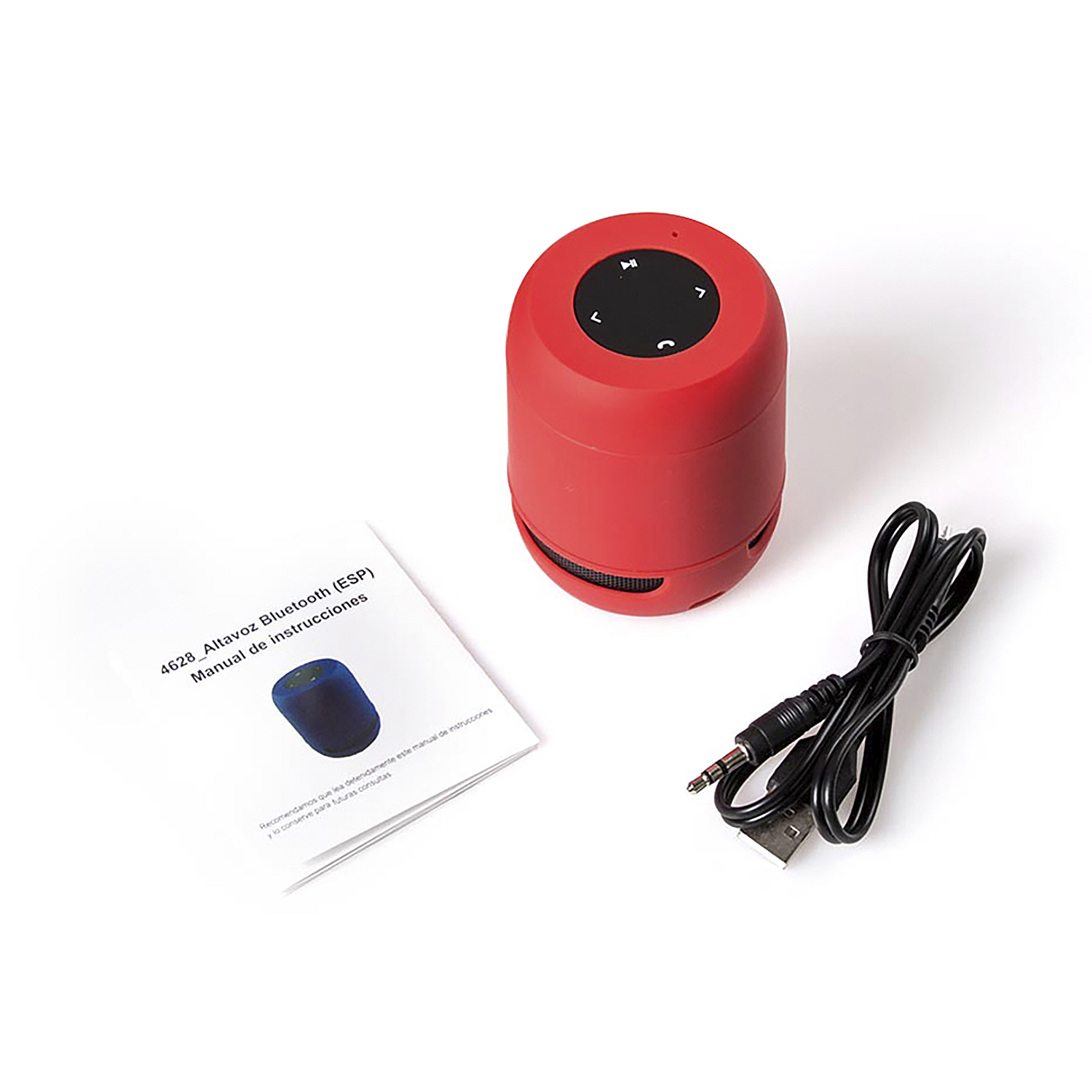 Un altoparlante Bluetooth rosso con manuale e cavo USB.