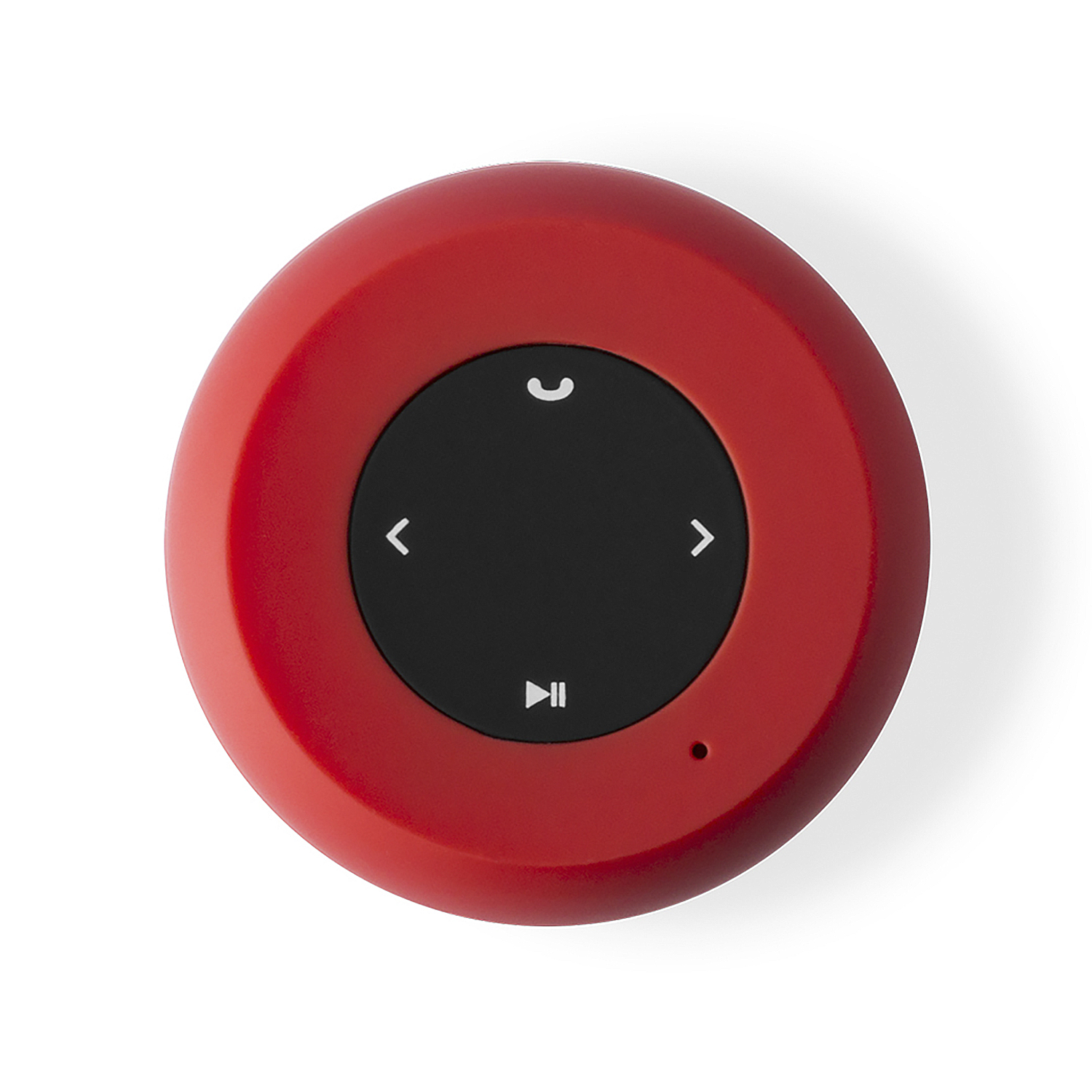 Altoparlante Bluetooth rotondo rosso con pulsanti neri per riproduzione e chiamate.