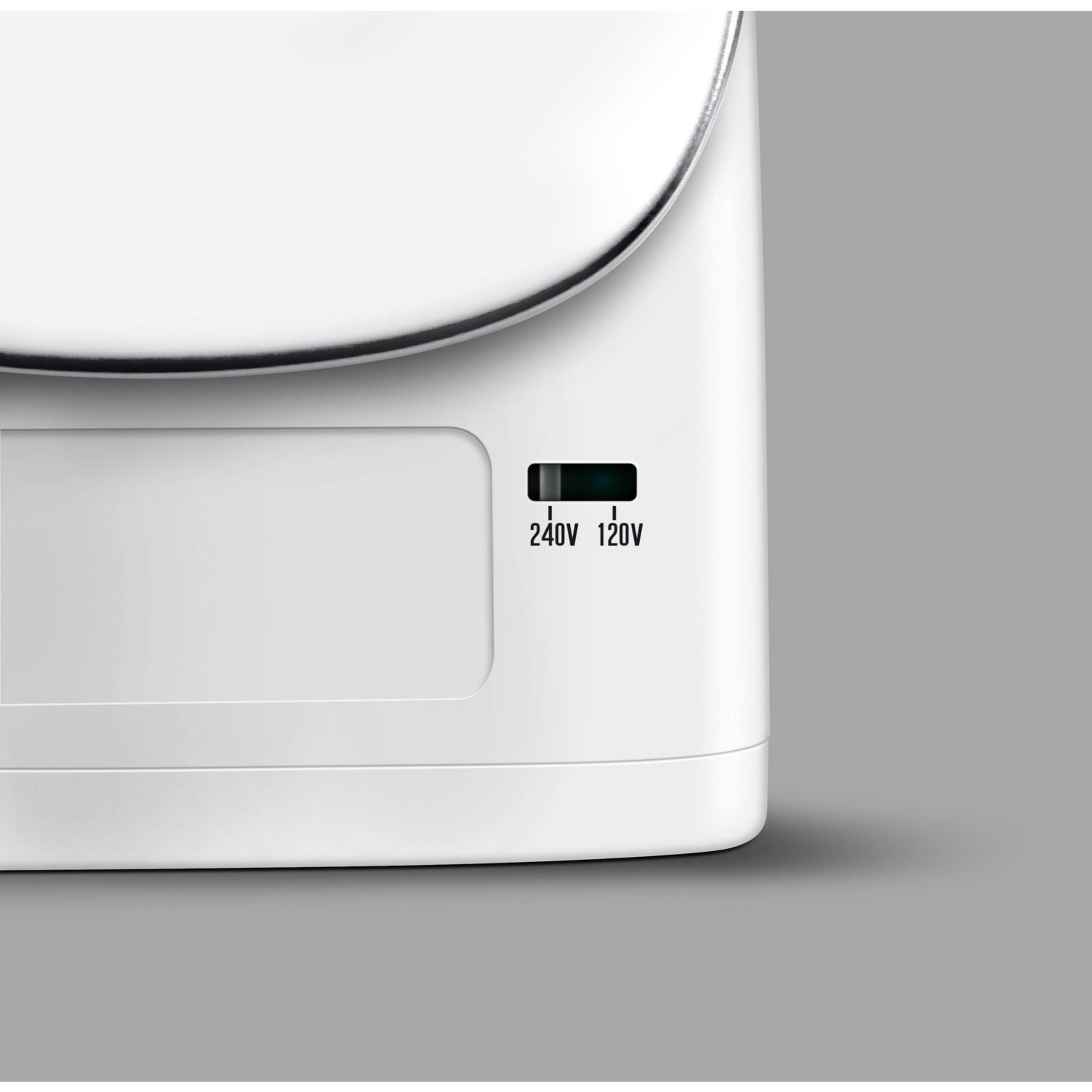 Primo piano di un elettrodomestico bianco con interruttore 240V e 120V.