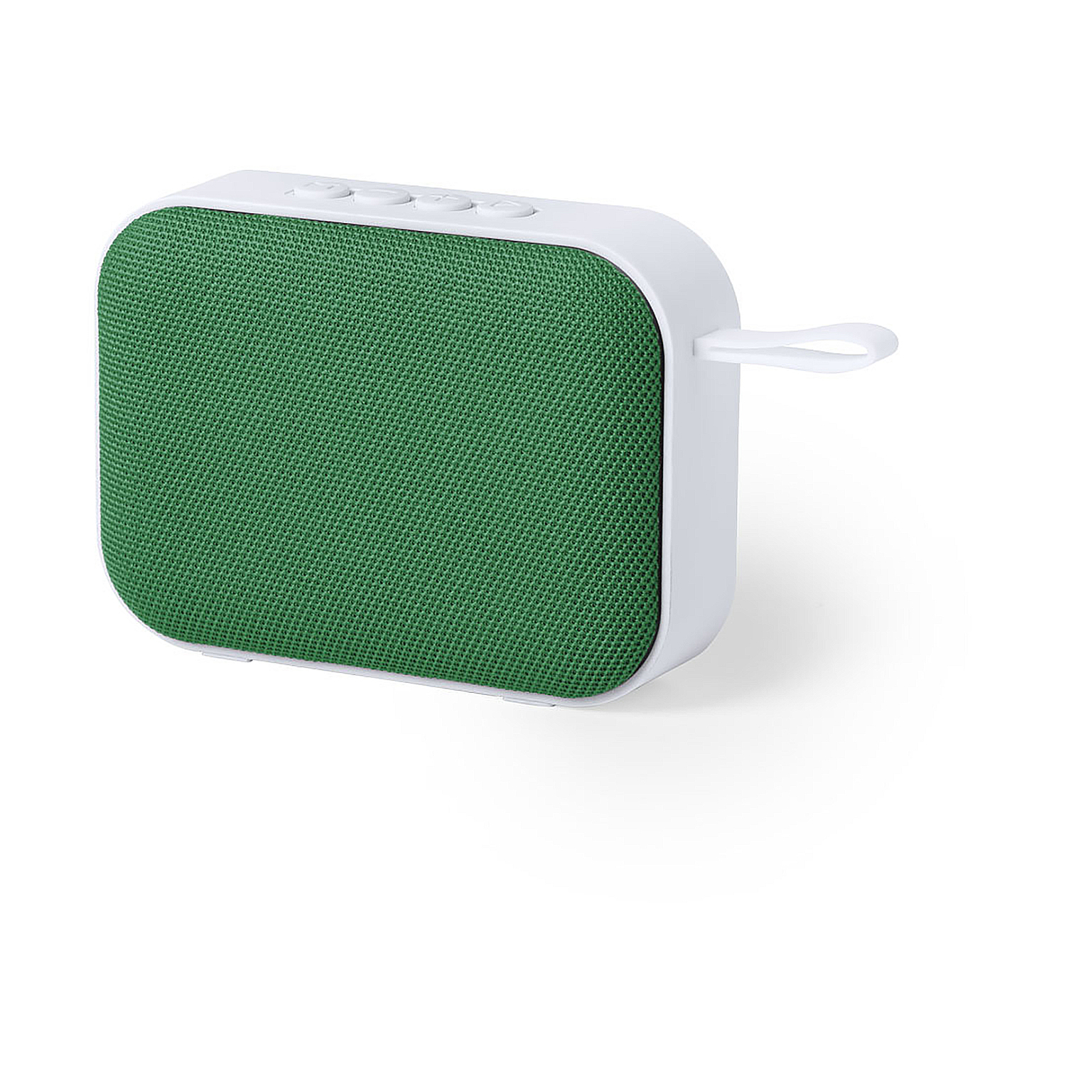 Un piccolo speaker bianco con frontale in tessuto verde e un anello.