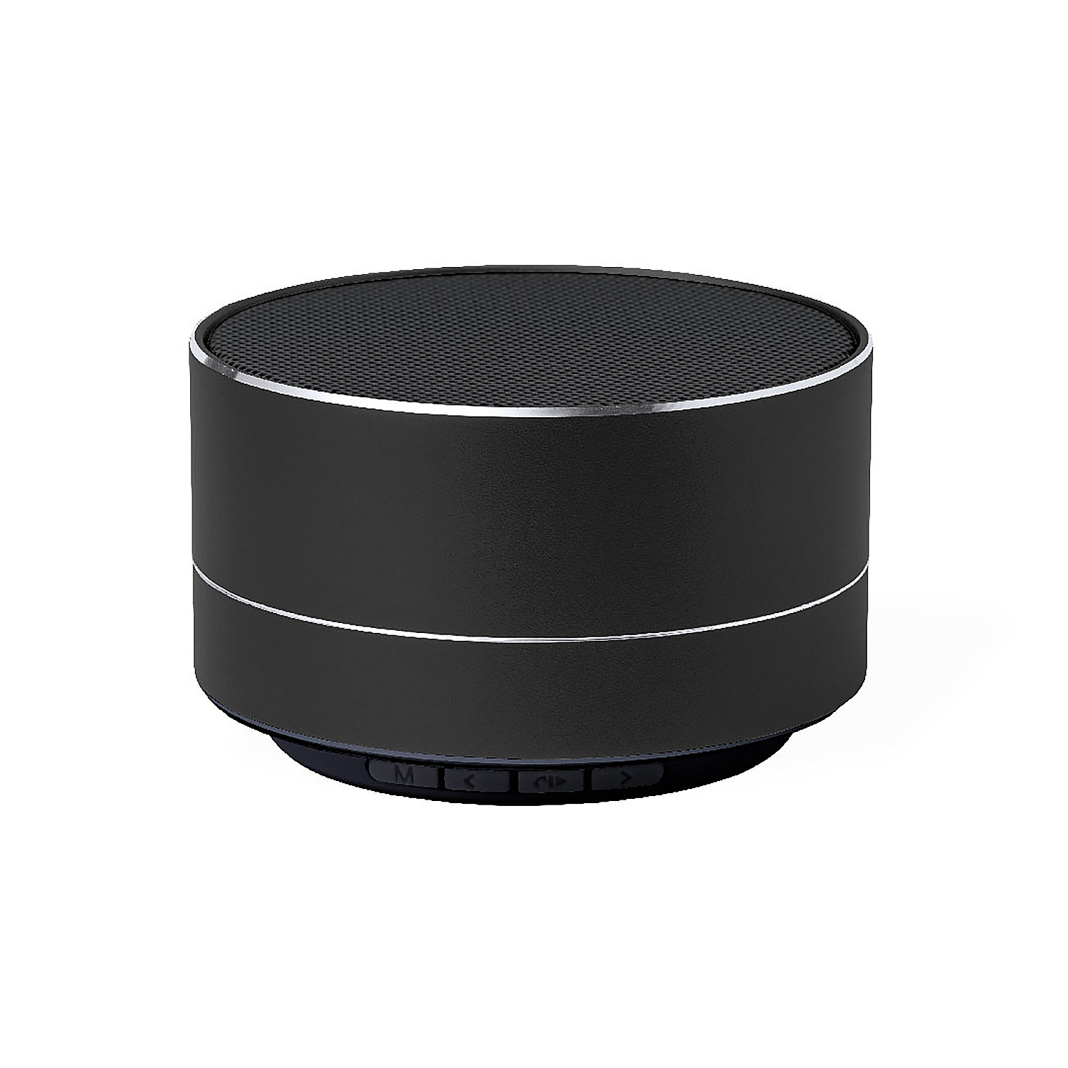 Un altoparlante Bluetooth nero e cilindrico con accenti argentati e pulsanti di controllo.