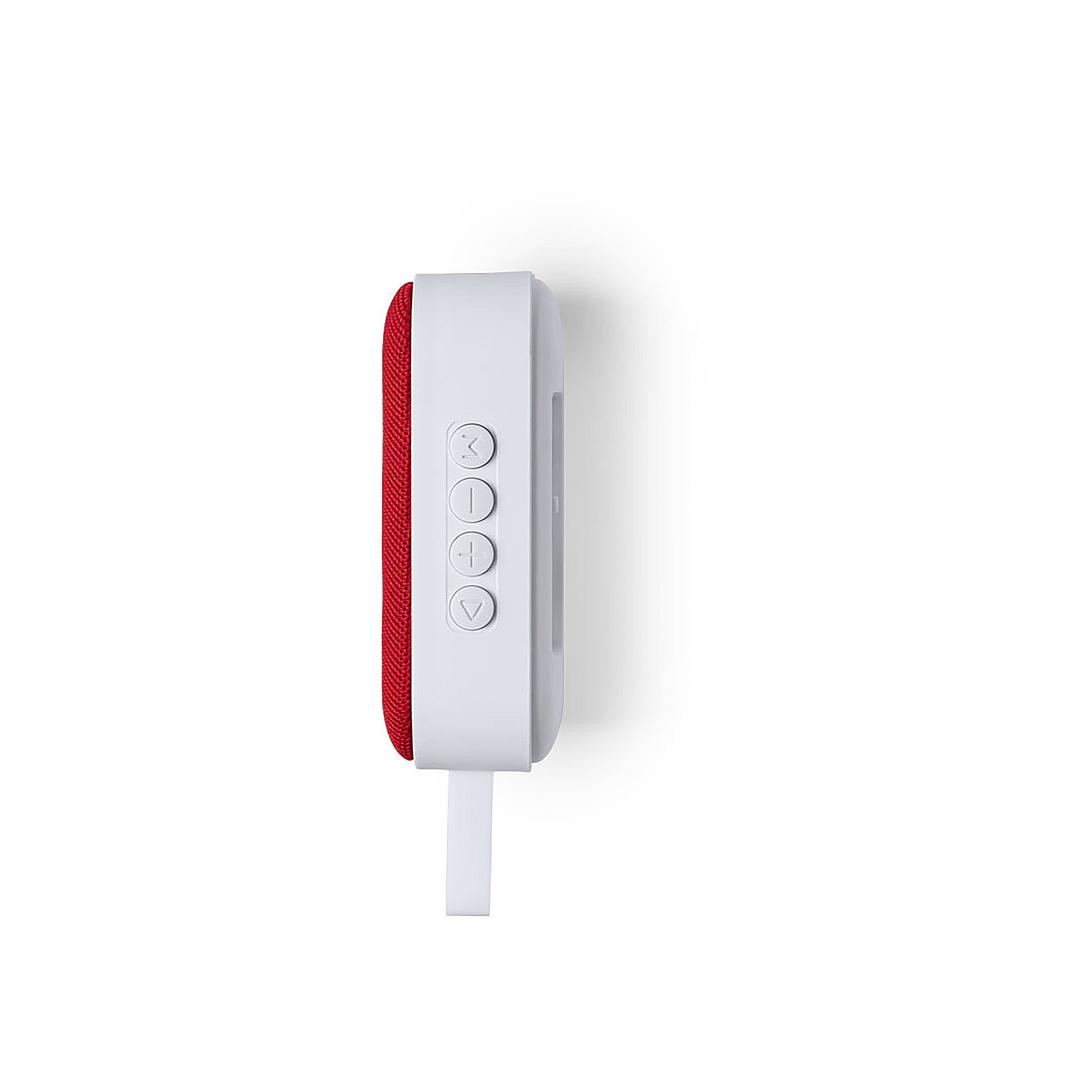 Altoparlante Bluetooth bianco con tessuto rosso e pulsanti.
