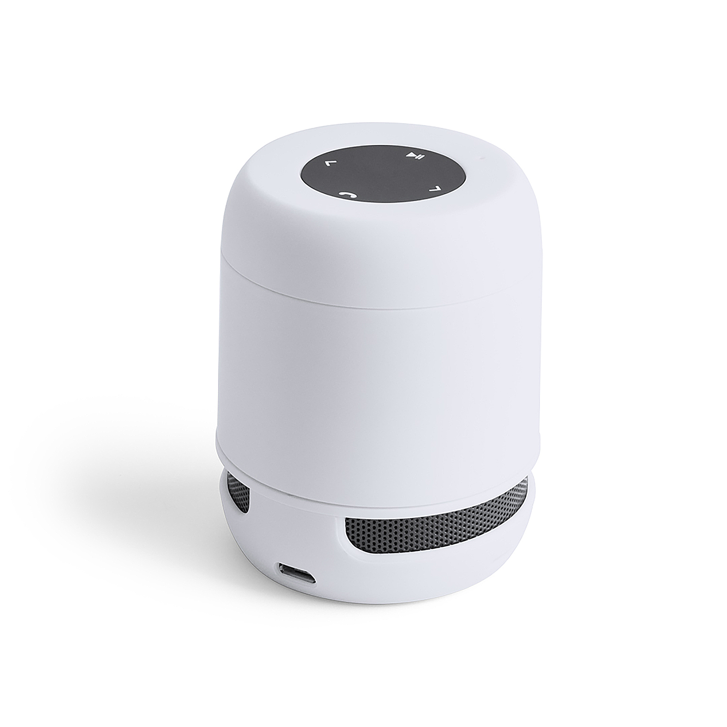 Un altoparlante portatile bianco con pulsanti neri in cima e porta USB.