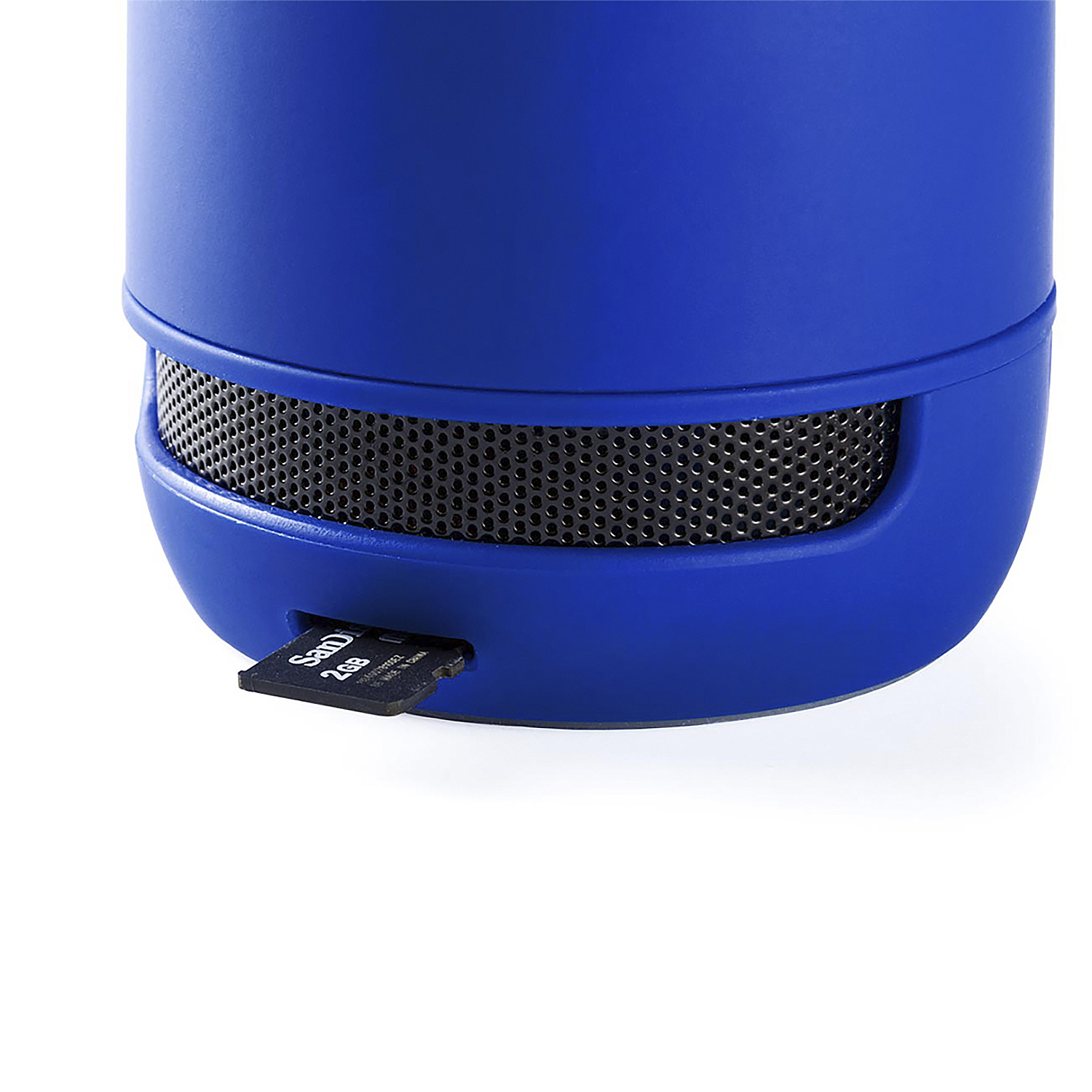 Altoparlante blu con griglia in rete nera e una scheda SD da 2GB.