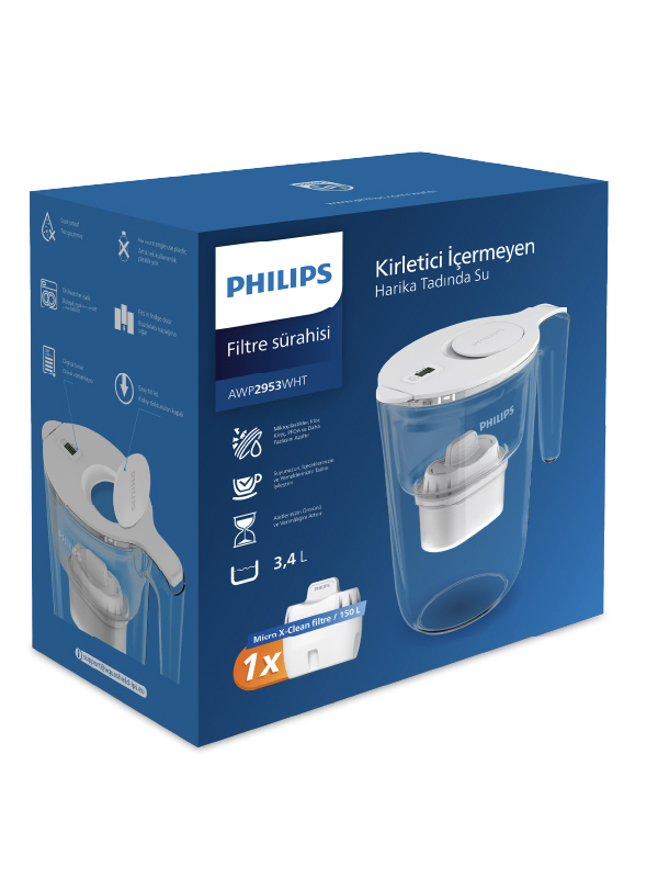 Philips filtreli sürahi, AWP2953WHT modeli, 3,4 L kapasite.