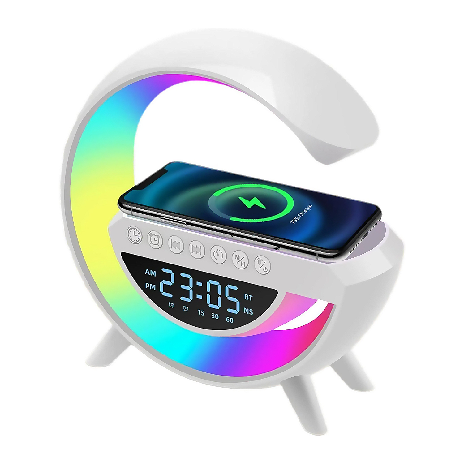 Una lampada da comodino bianca con telefono in carica wireless. Ha un orologio digitale e luce LED multicolore.