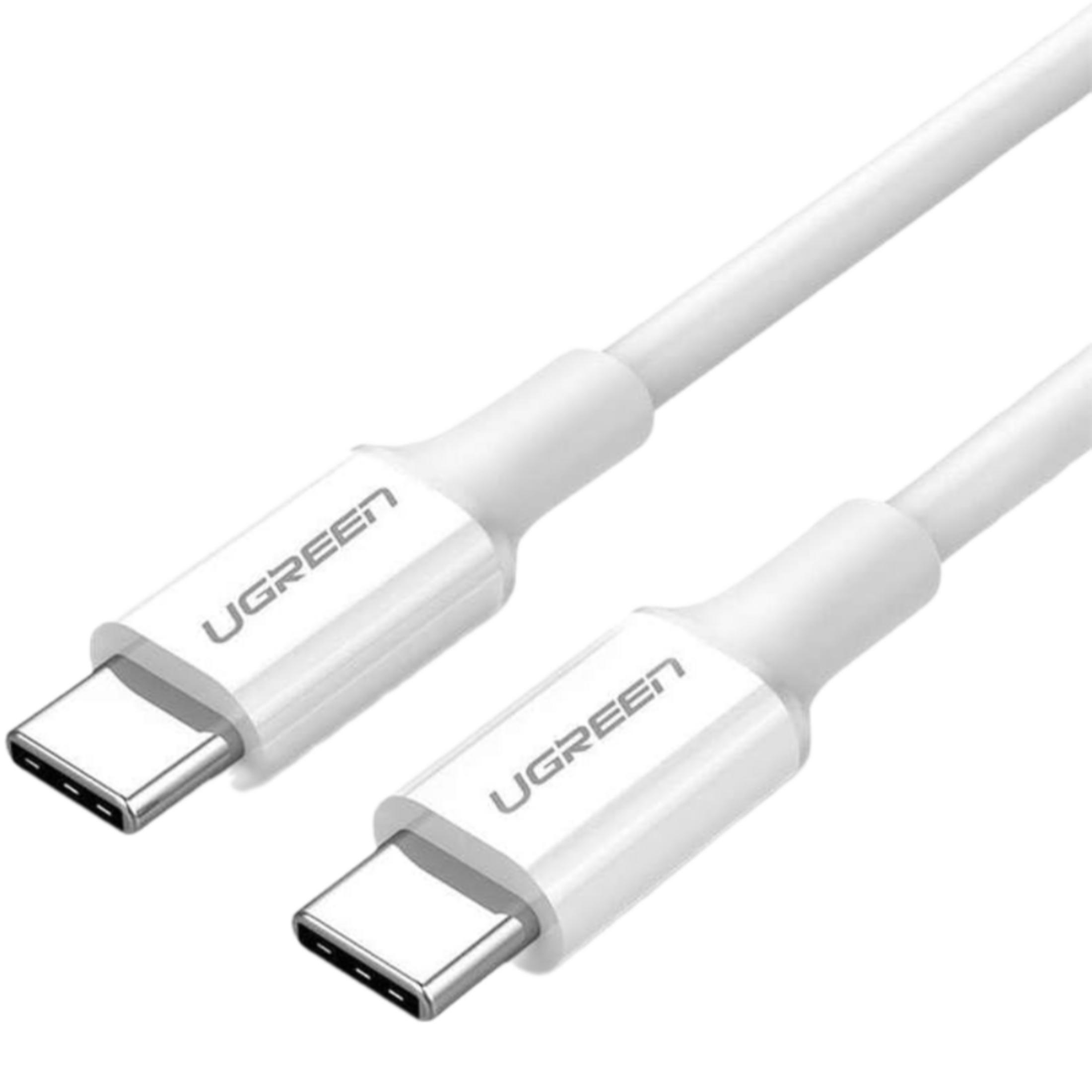 Dwa białe kable USB-C z logo UGREEN, na białym tle.