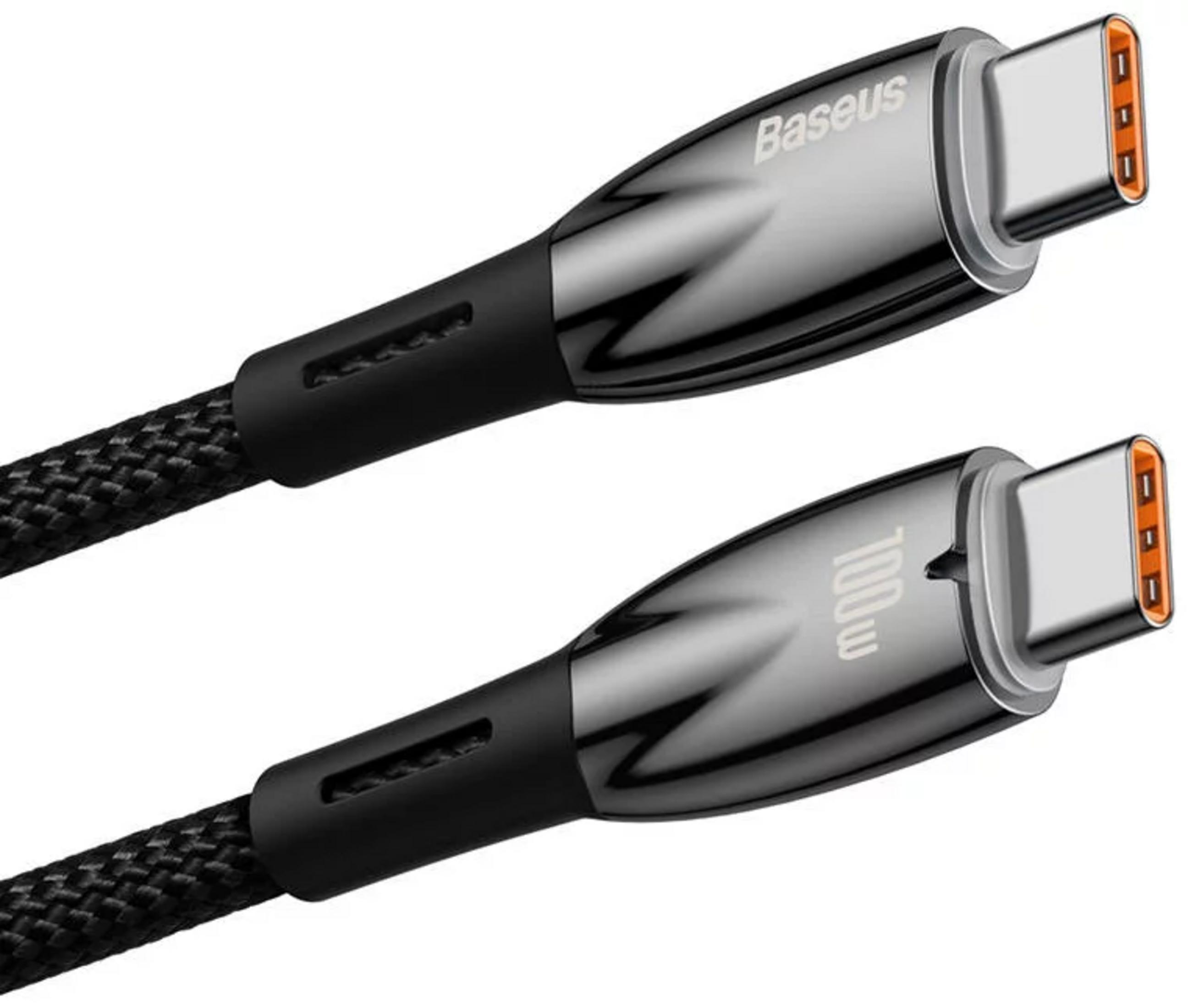 Due cavi di ricarica Baseus USB-C con treccia in tessuto e connettori argentati.