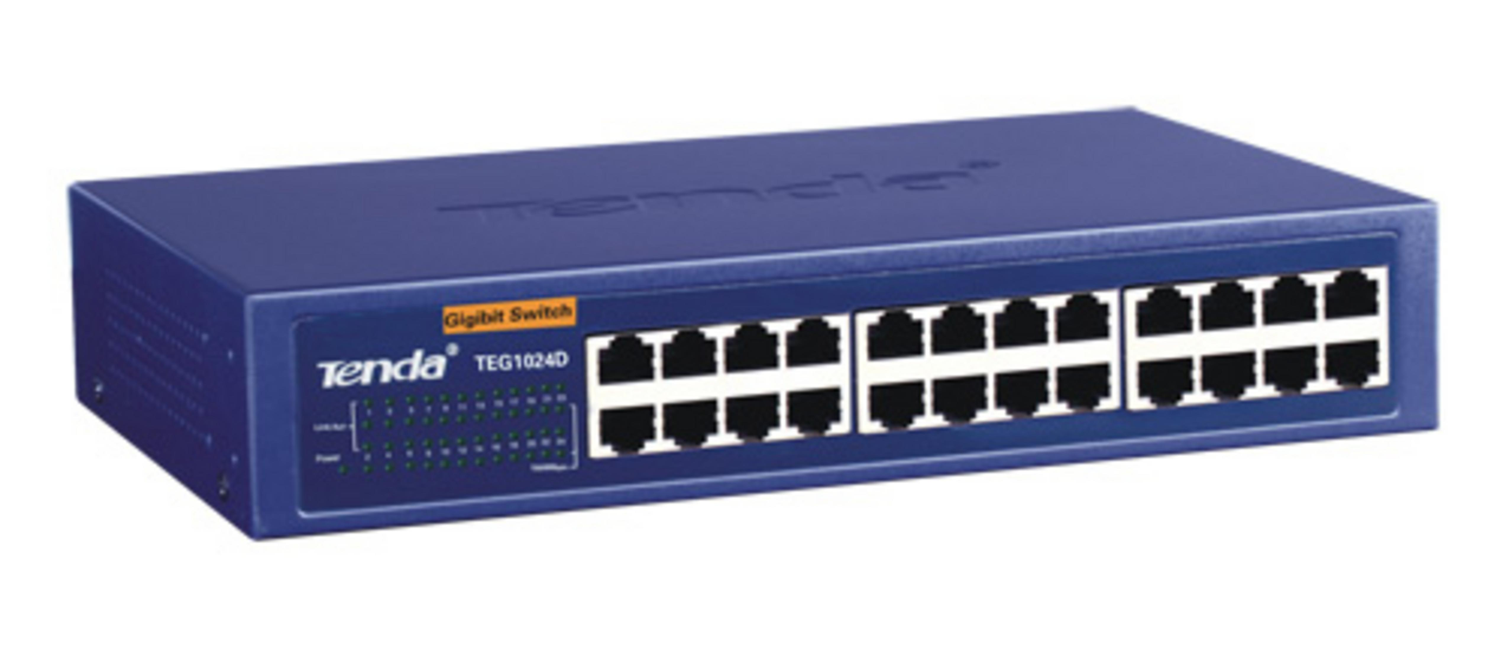Switch Gigabit Tenda blu con 24 porte e spie LED.