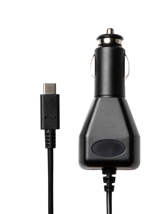 Ein schwarzes USB-C-Autoladegerät mit Kabel und Stecker.