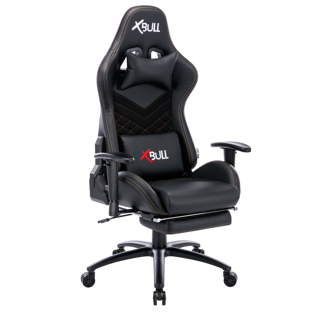 Sedia da gaming nera con poggiapiedi e cuscino. Logo X-BULL.