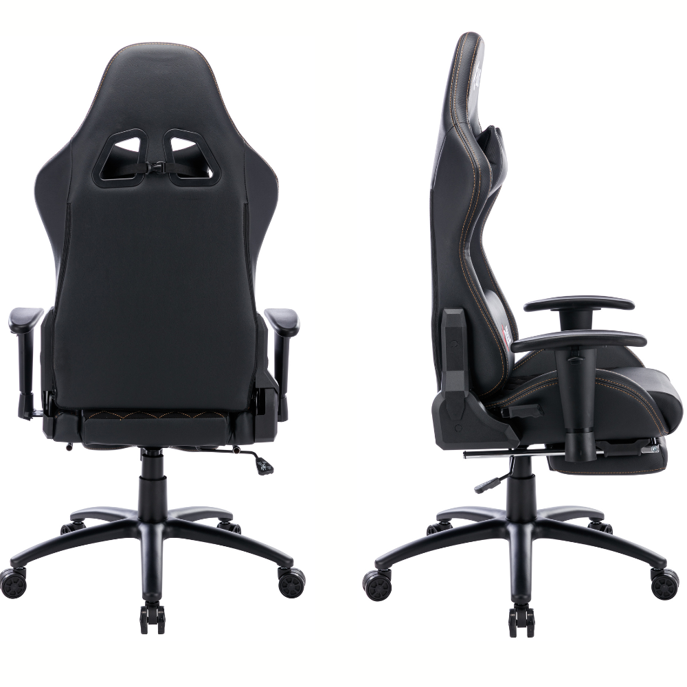 Due viste di una sedia da gaming nera con cuciture arancioni.