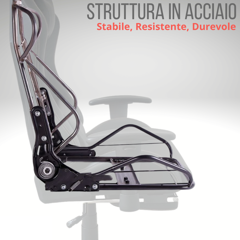 Struttura in acciaio di una sedia con meccanismo e molle, sfondo grigio.