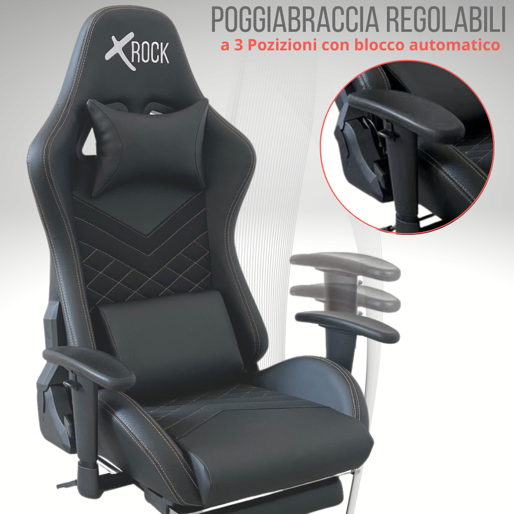 Sedia gaming nera con braccioli regolabili e poggiatesta. Dettaglio dei braccioli.