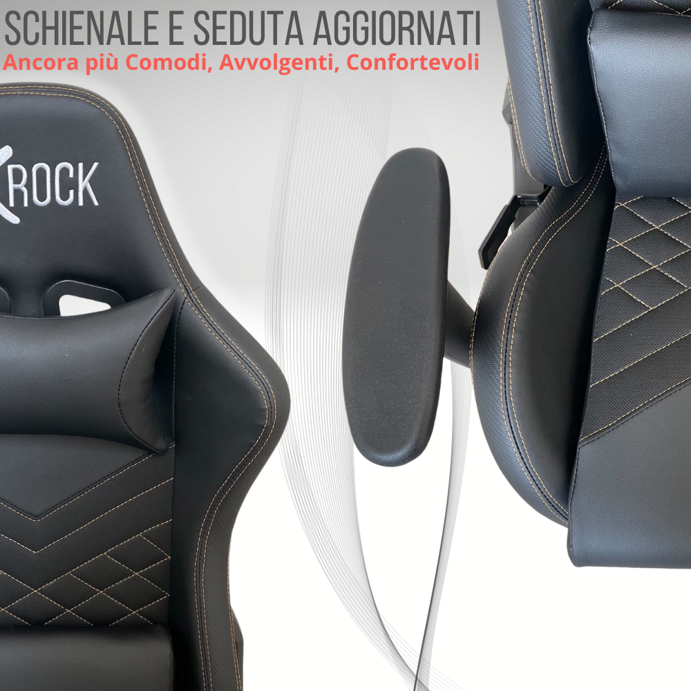 Primo piano di due sedie da gaming nere con dettagli cuciti e poggiatesta.