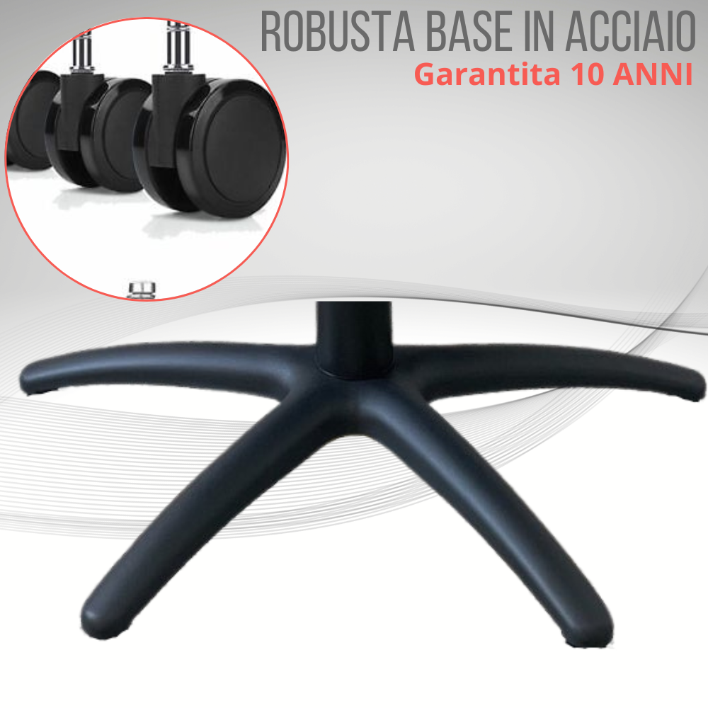 Base a stella nera robusta con rotelle, garanzia 10 anni.