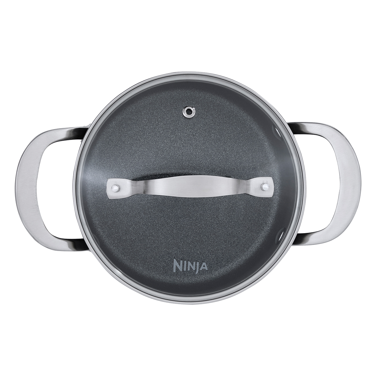 Grauer Topf mit Glasdeckel und silbernen Griffen. Ninja Logo auf dem Deckel.