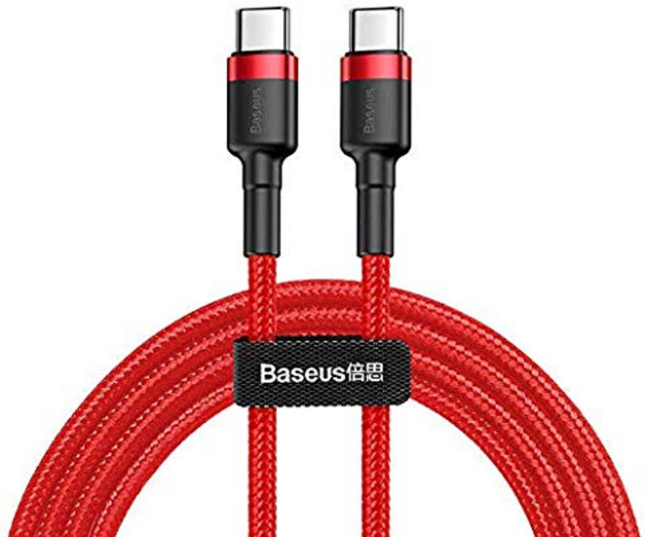 Un cavo USB-C rosso con connettori neri e rossi.