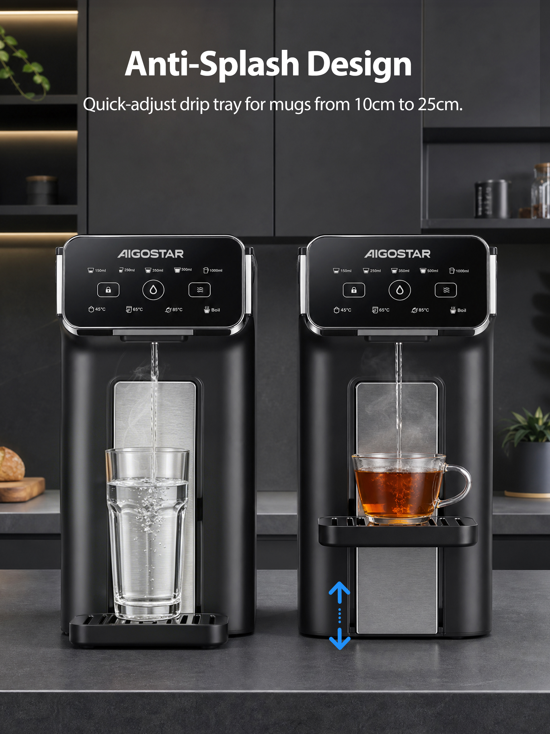 Zwei Wasserspender mit digitalen Anzeigen; einer füllt ein Glas, der andere eine Tasse.