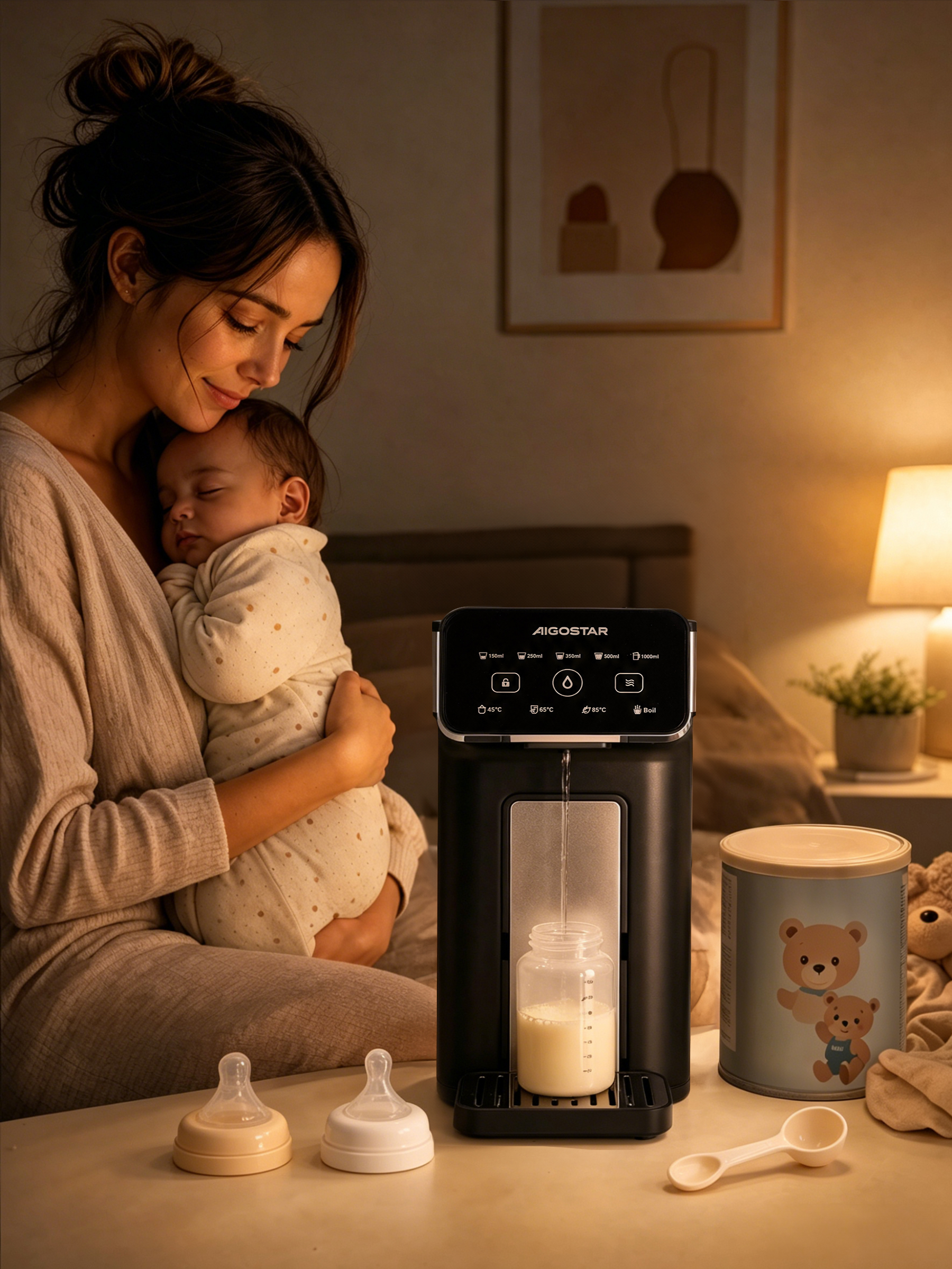 Mutter hält Baby, daneben ein Flaschenwärmer, Milchpulverdose und Löffel.